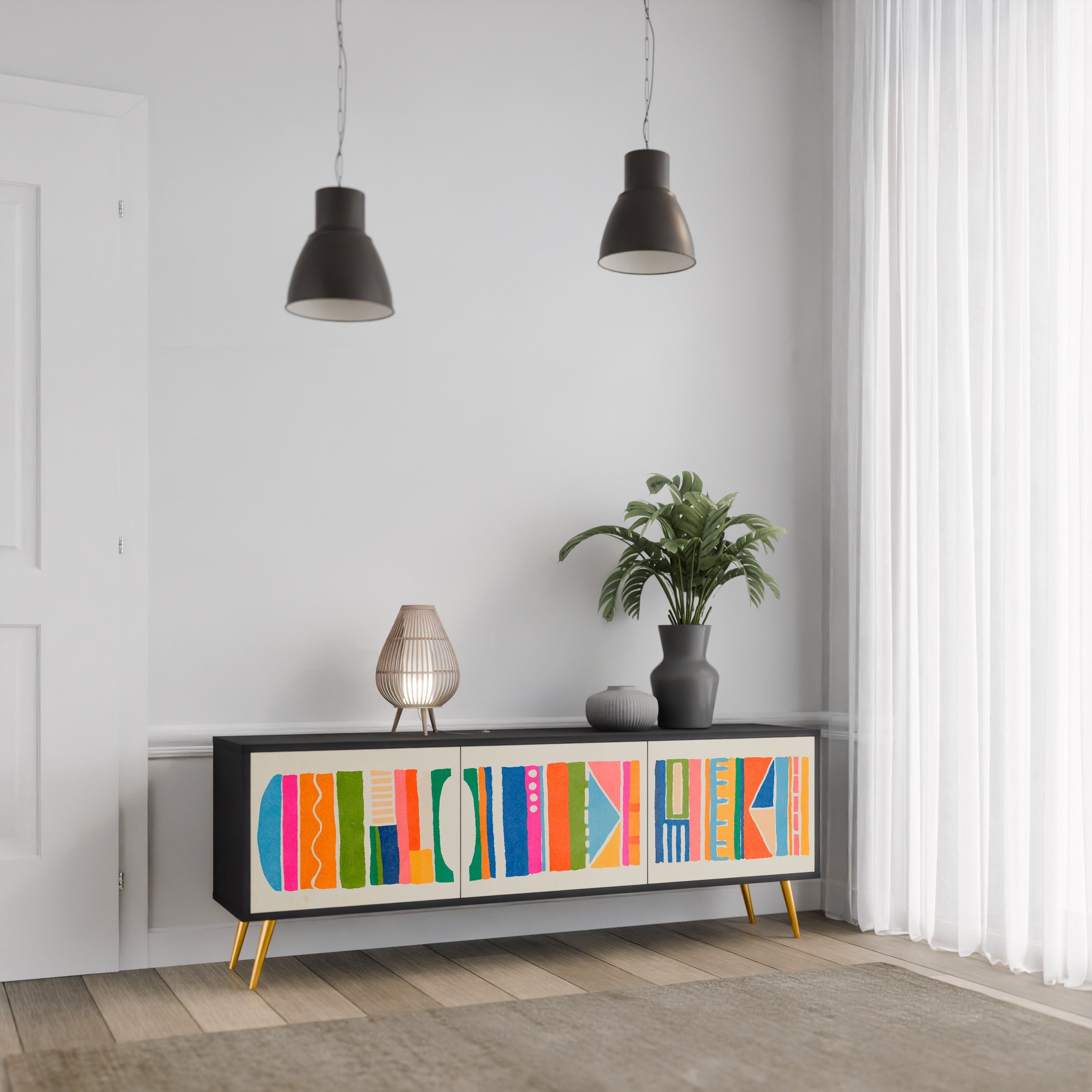 Mueble de TV de 3 puertas GEOMETRIC SHINE en acabado negro