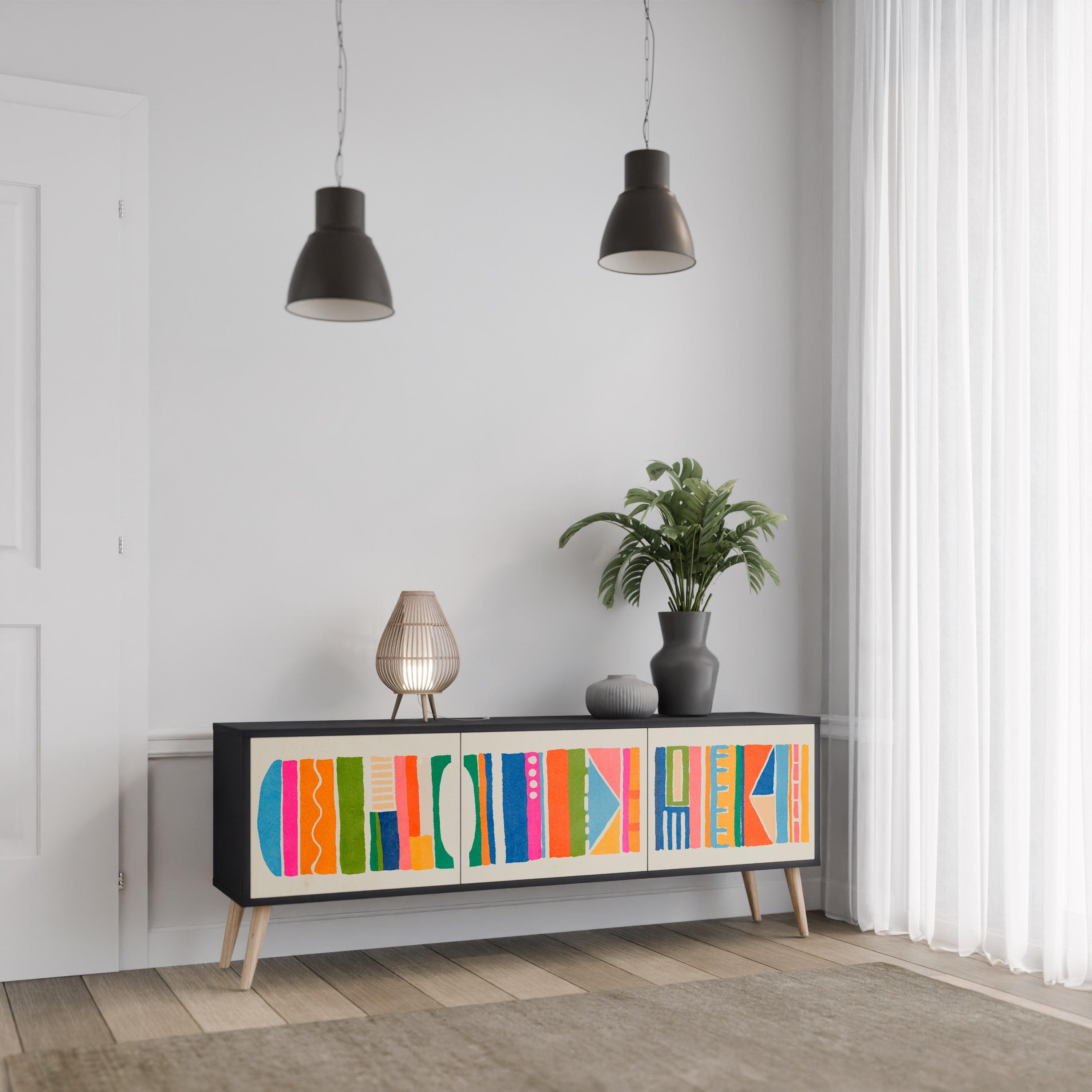 Mueble de TV de 3 puertas GEOMETRIC SHINE en acabado negro