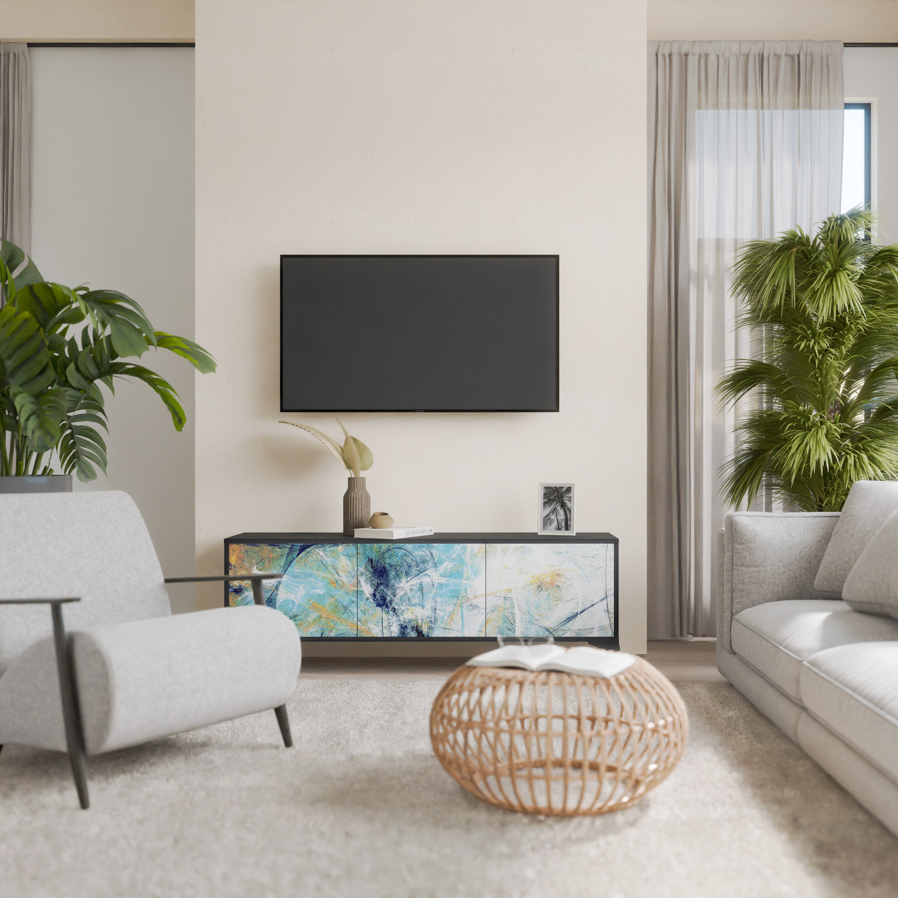 PENSAMIENTOS ABSTRACTOS Mueble de TV de 3 puertas en acabado negro