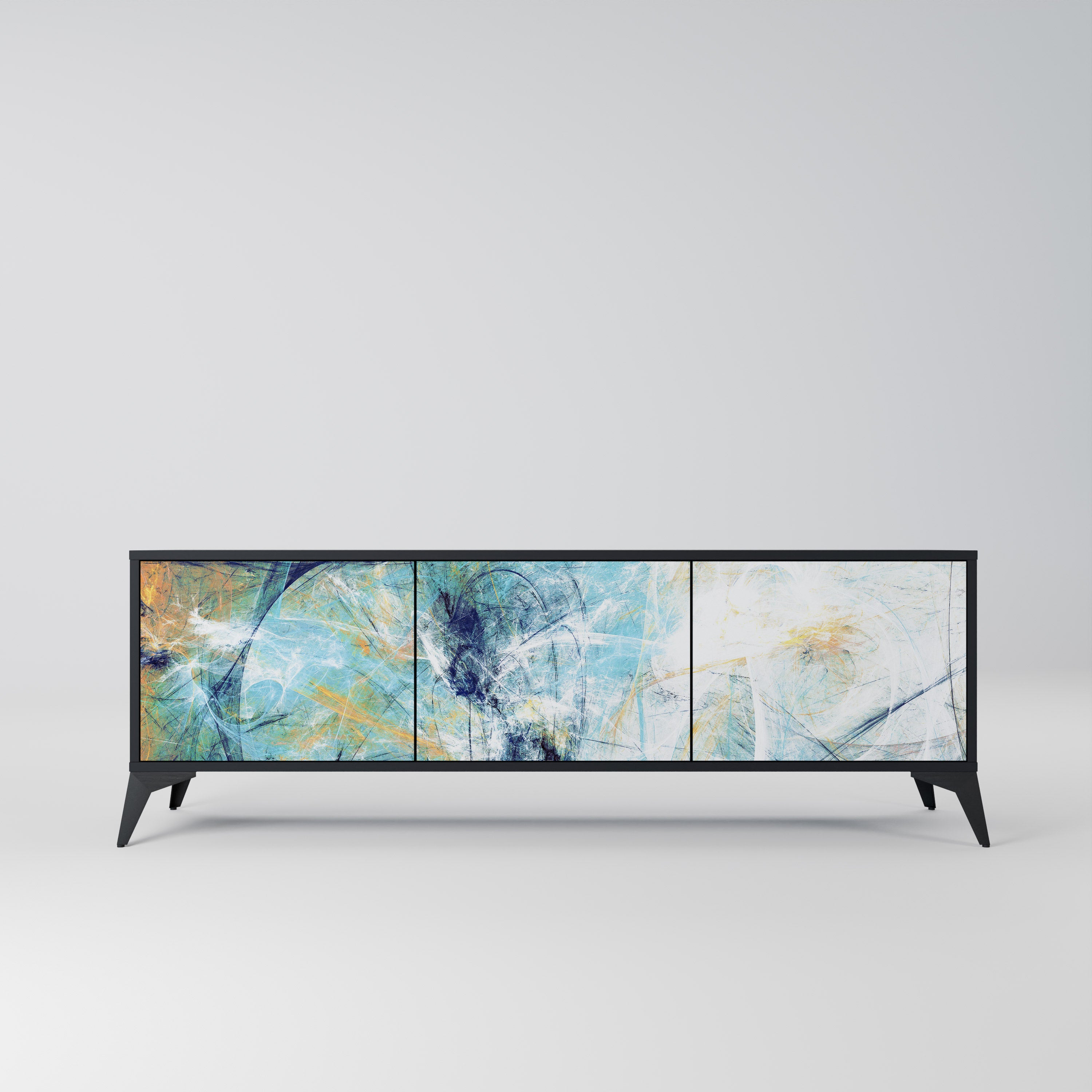 PENSAMIENTOS ABSTRACTOS Mueble de TV de 3 puertas en acabado negro