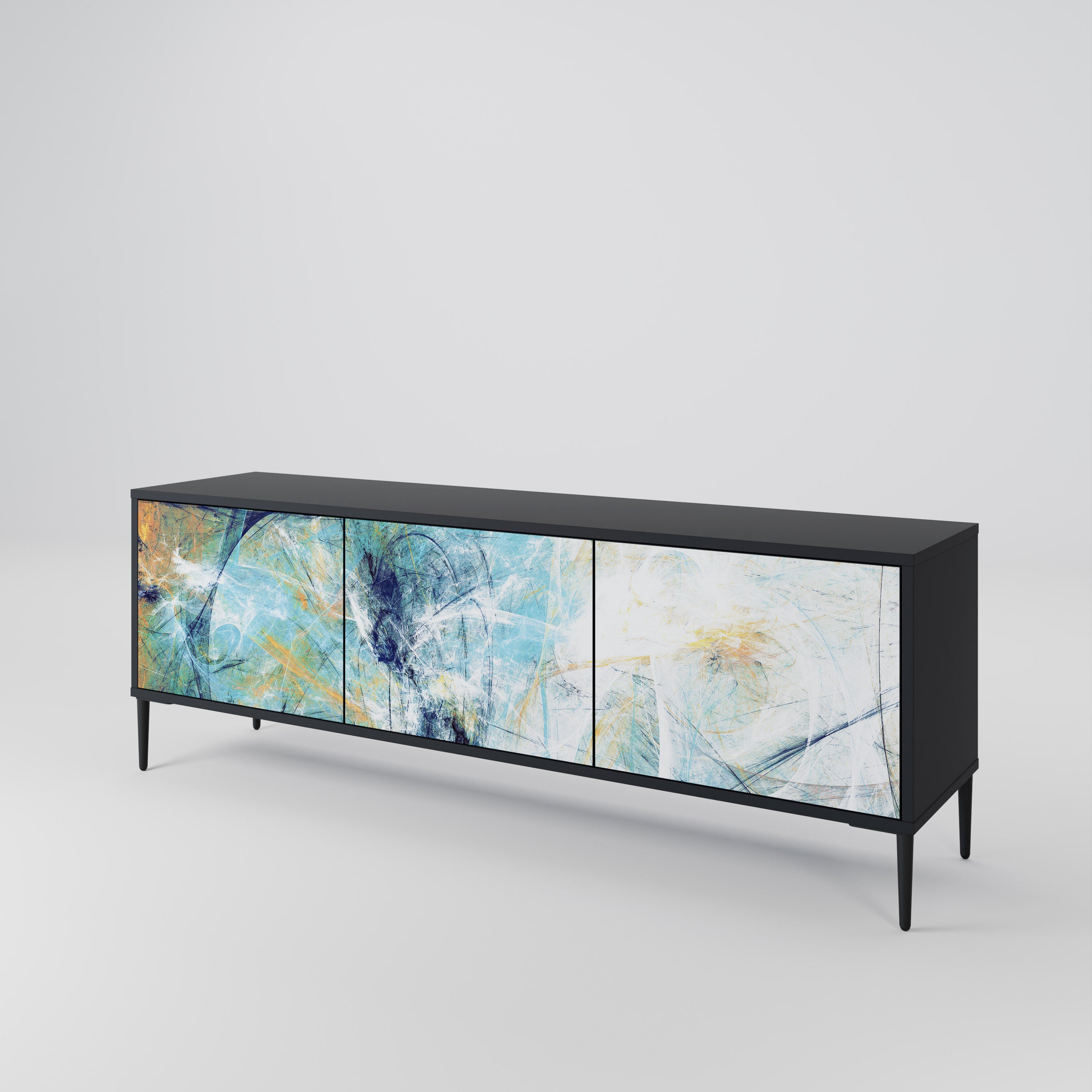 PENSAMIENTOS ABSTRACTOS Mueble de TV de 3 puertas en acabado negro