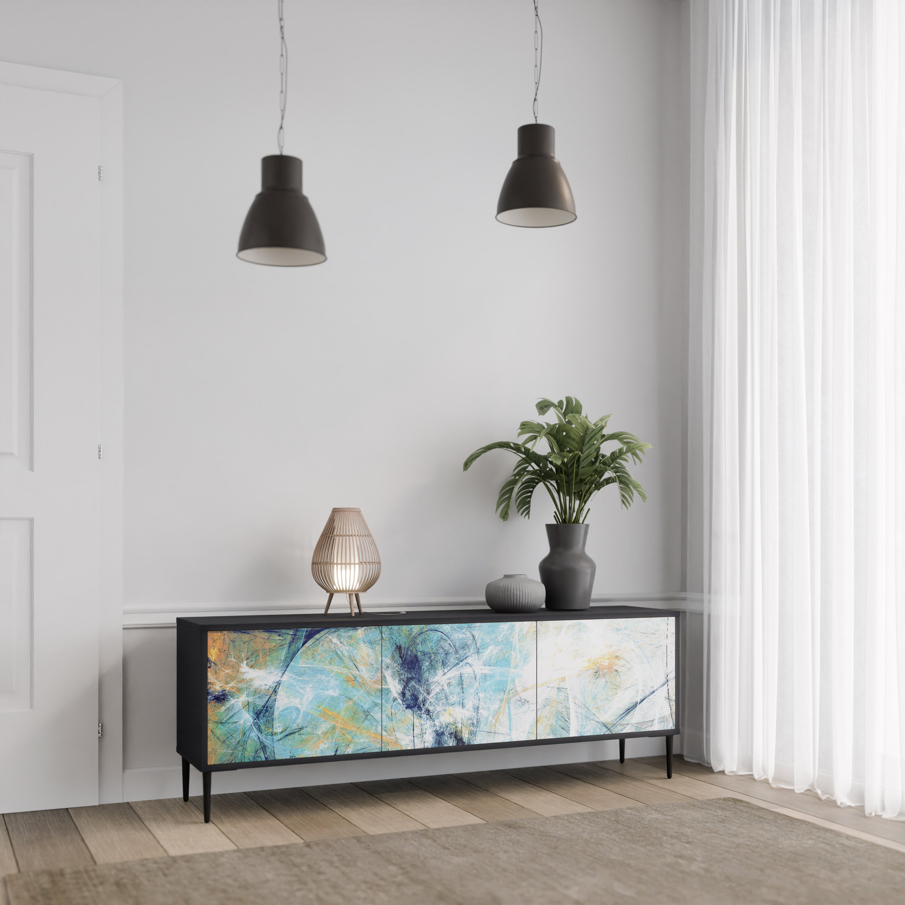 PENSAMIENTOS ABSTRACTOS Mueble de TV de 3 puertas en acabado negro