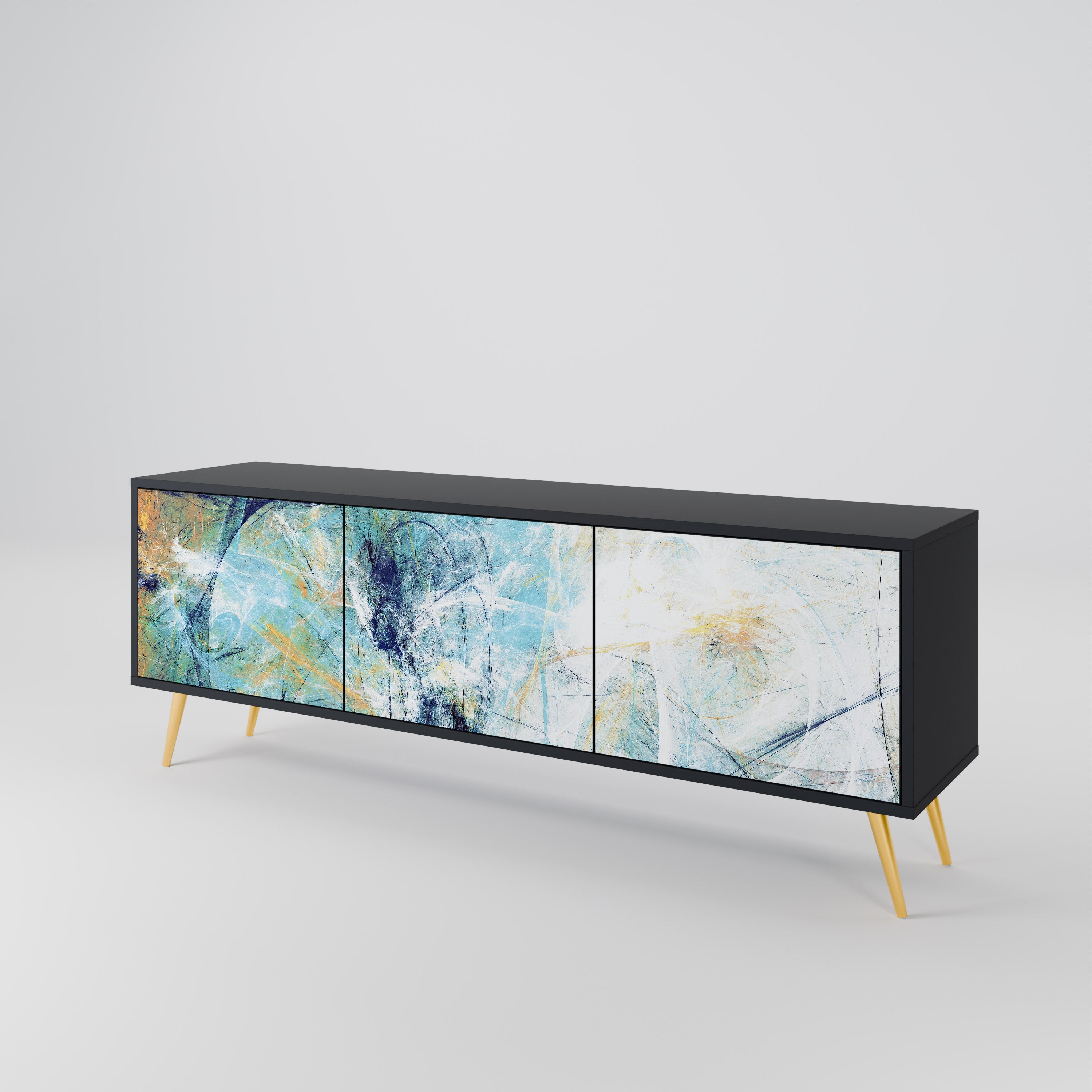 PENSAMIENTOS ABSTRACTOS Mueble de TV de 3 puertas en acabado negro