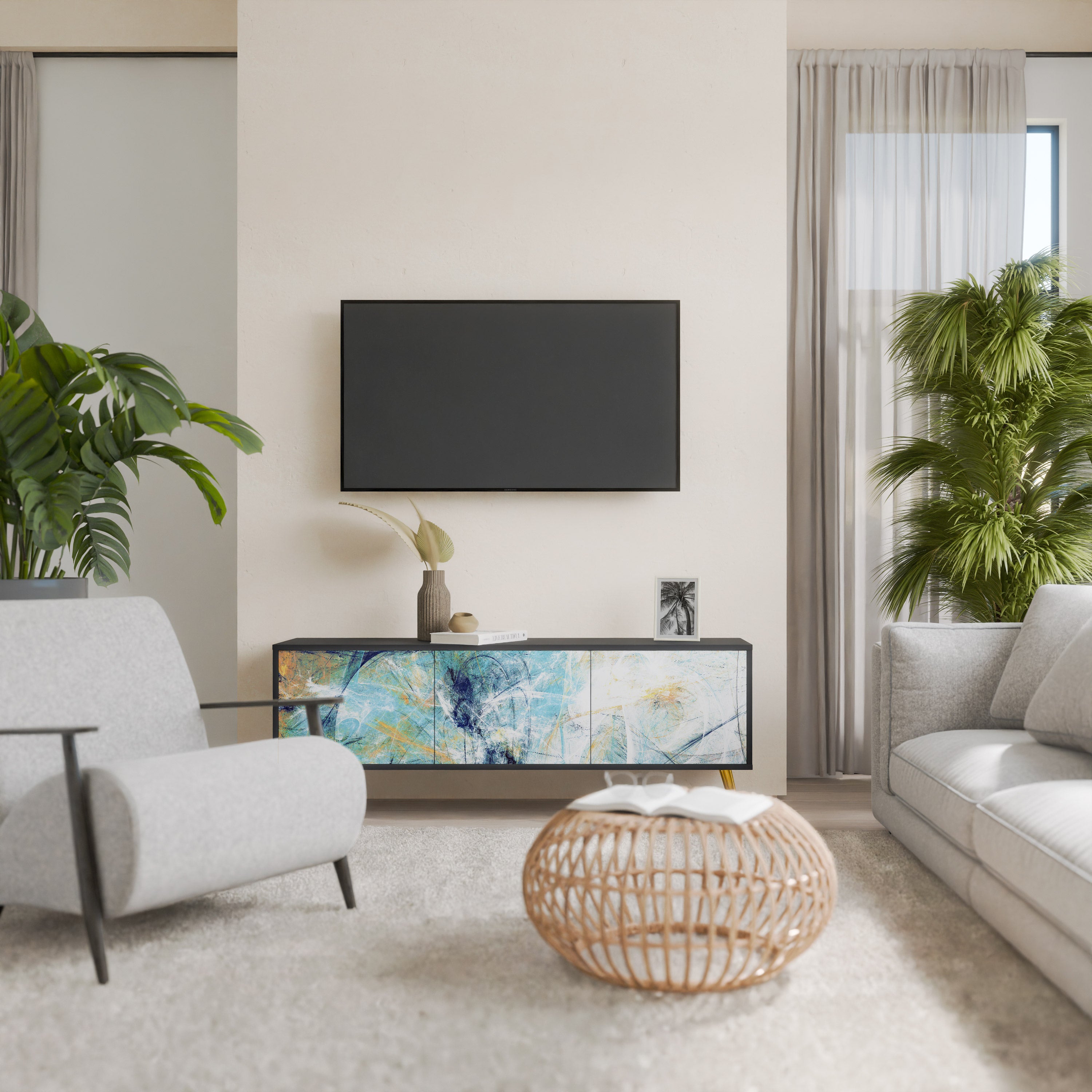 PENSAMIENTOS ABSTRACTOS Mueble de TV de 3 puertas en acabado negro