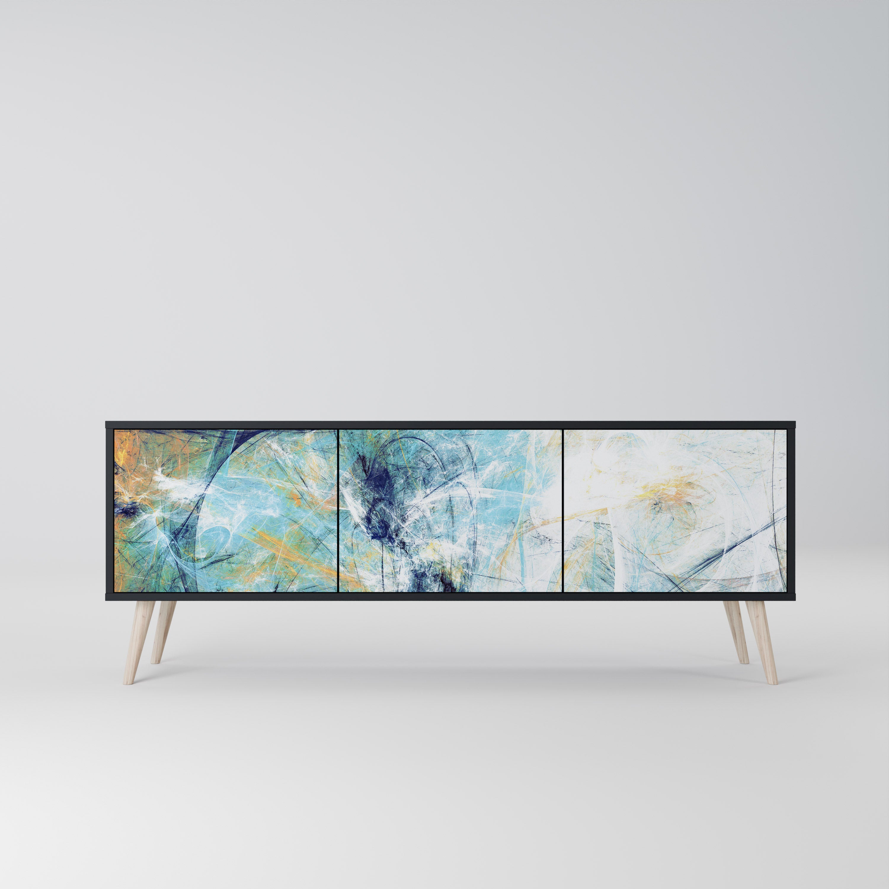 PENSAMIENTOS ABSTRACTOS Mueble de TV de 3 puertas en acabado negro