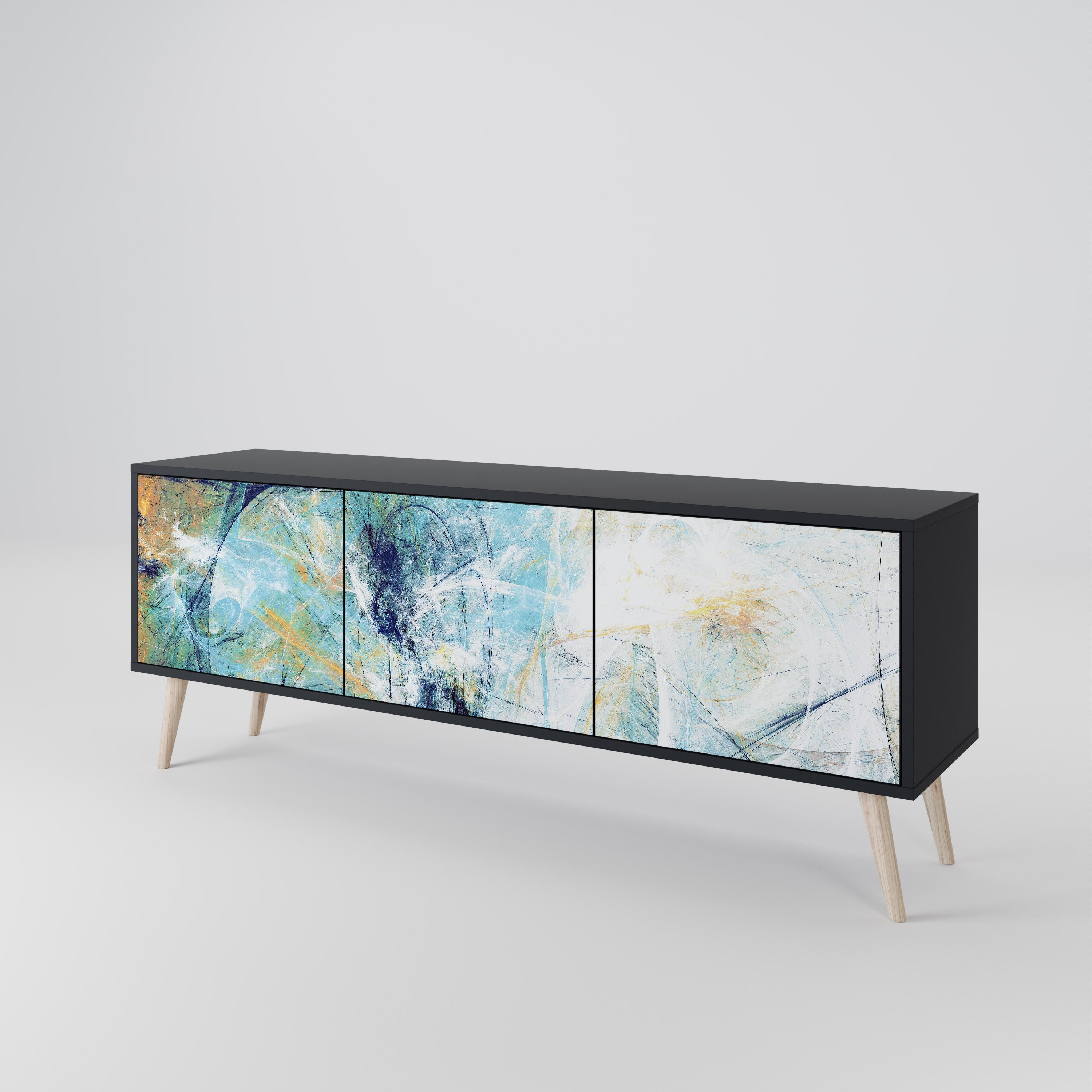 PENSAMIENTOS ABSTRACTOS Mueble de TV de 3 puertas en acabado negro