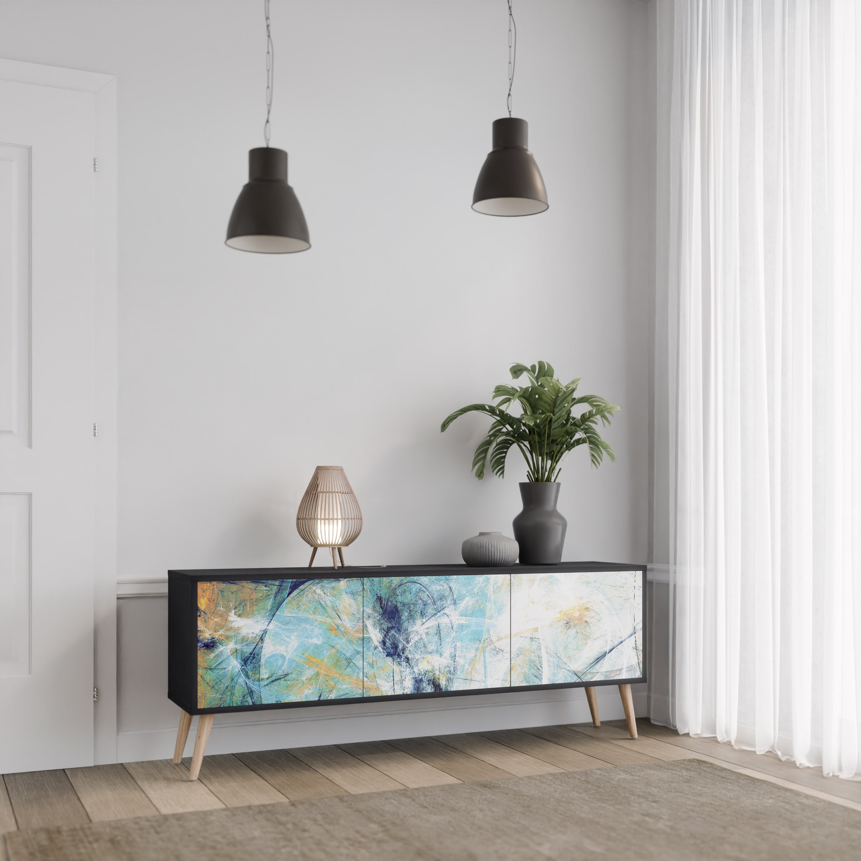 PENSAMIENTOS ABSTRACTOS Mueble de TV de 3 puertas en acabado negro