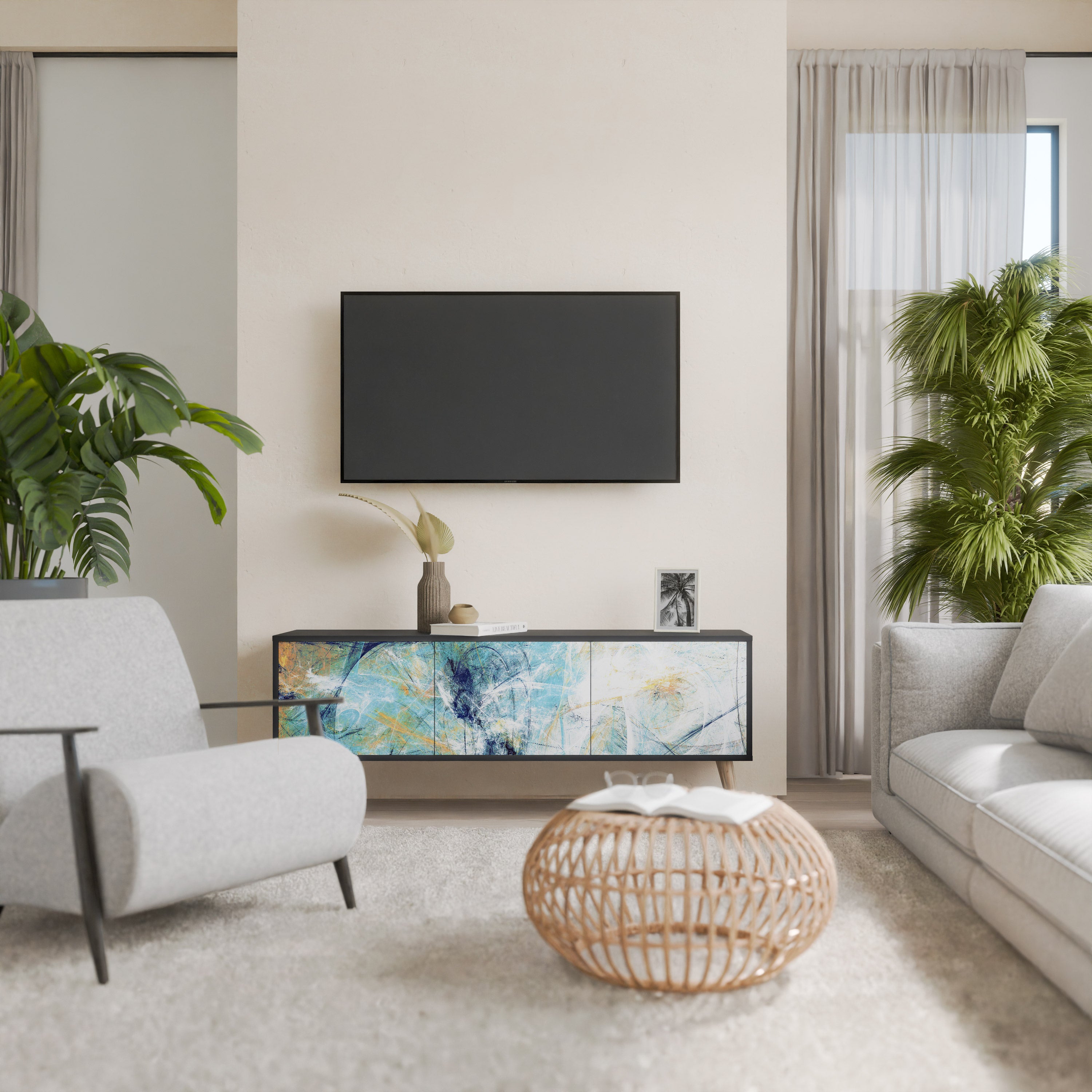 PENSAMIENTOS ABSTRACTOS Mueble de TV de 3 puertas en acabado negro