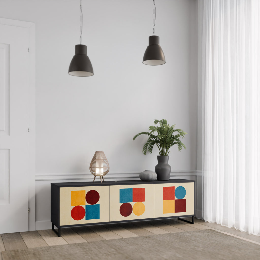 Mueble de TV de 3 puertas GEOMETRIC PUZZLE en acabado negro