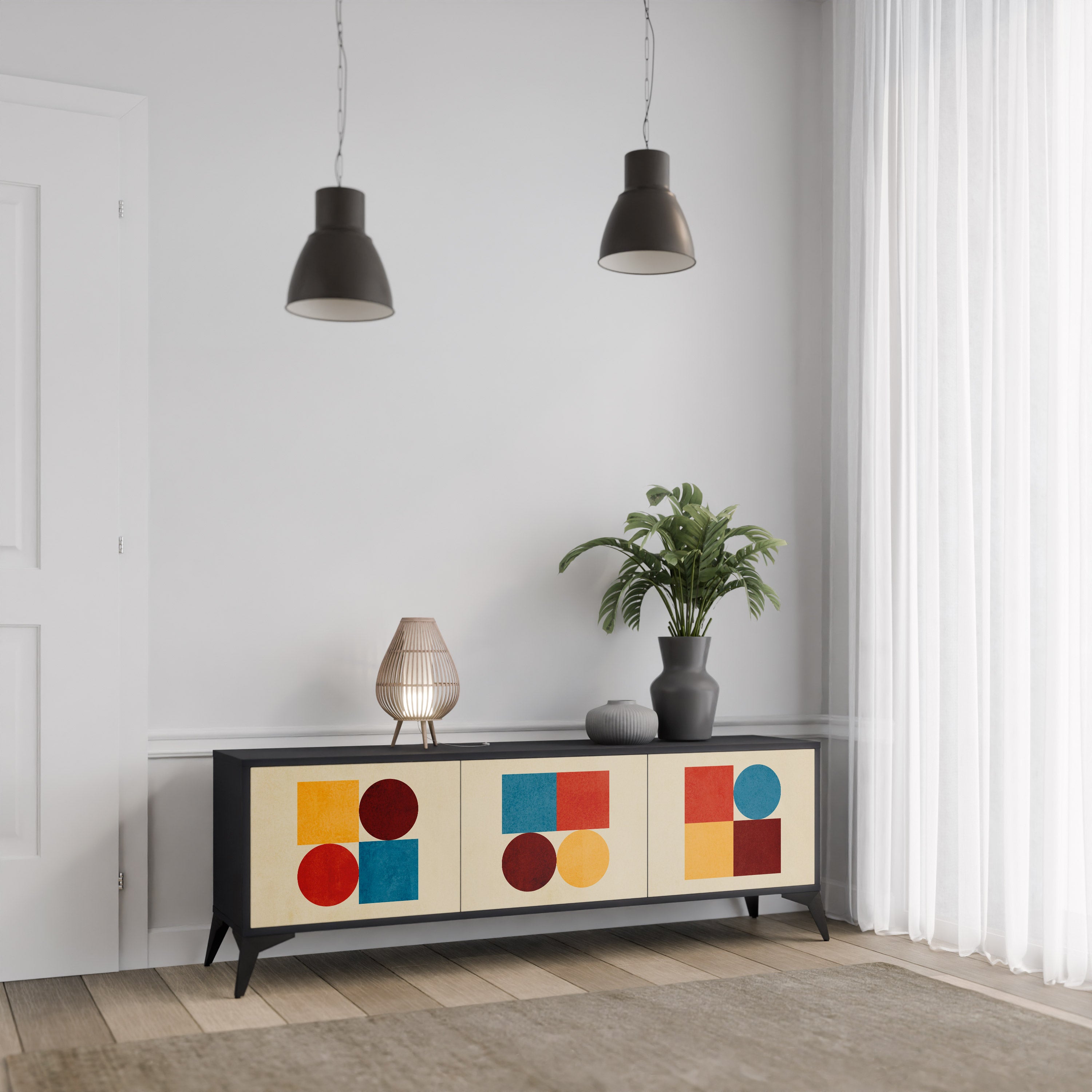 Mueble de TV de 3 puertas GEOMETRIC PUZZLE en acabado negro