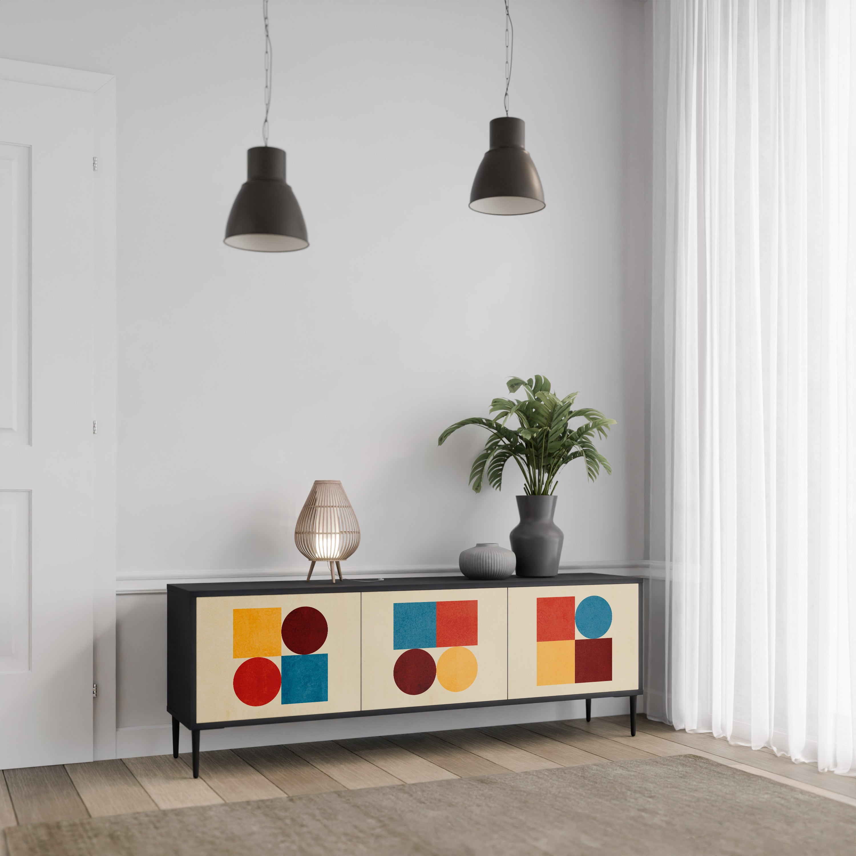 Mueble de TV de 3 puertas GEOMETRIC PUZZLE en acabado negro