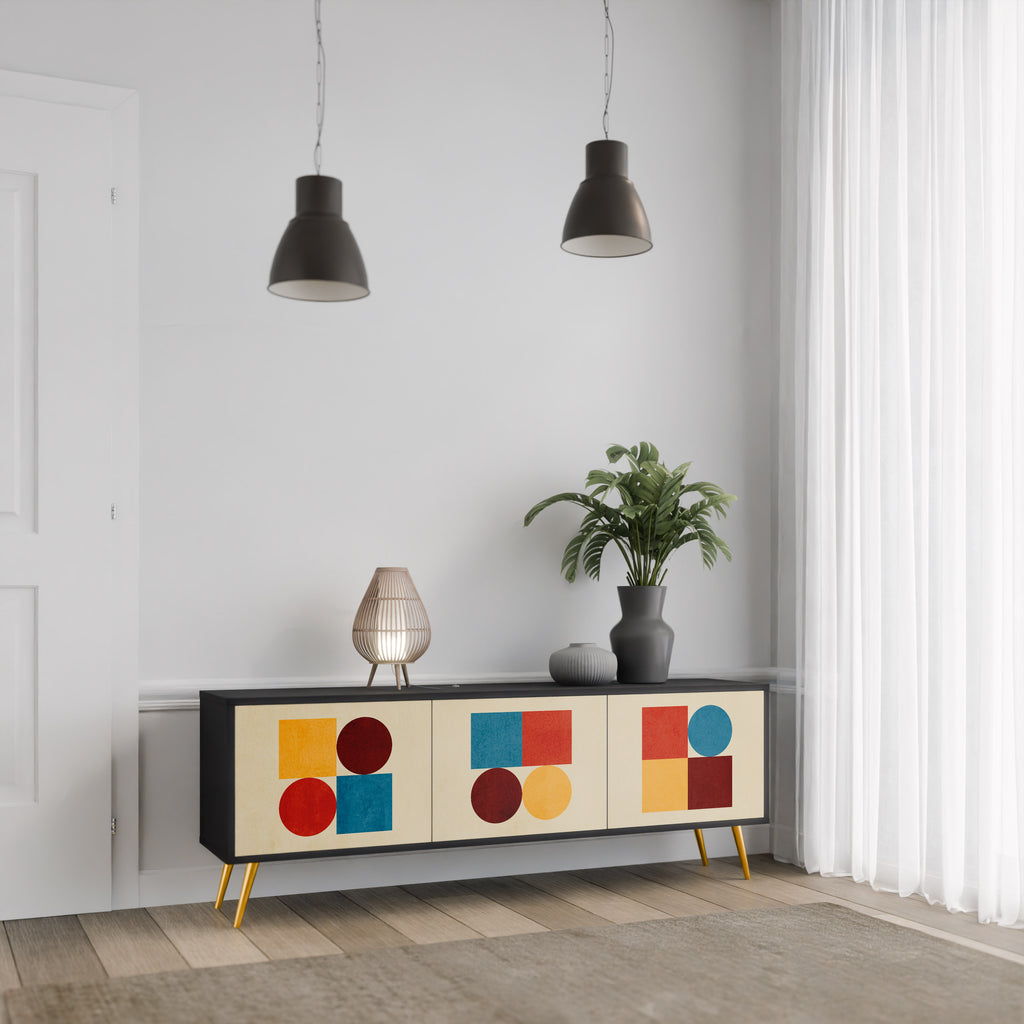 Mueble de TV de 3 puertas GEOMETRIC PUZZLE en acabado negro