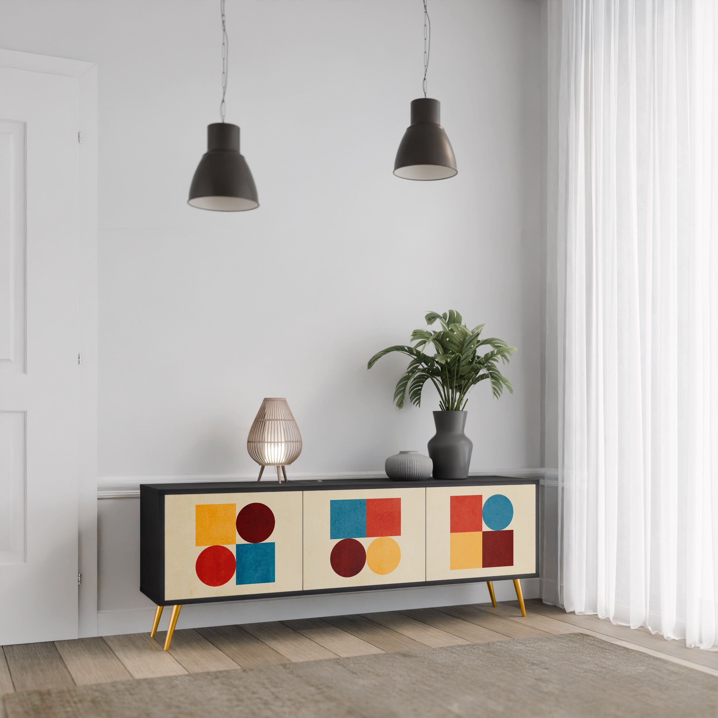 Mueble de TV de 3 puertas GEOMETRIC PUZZLE en acabado negro
