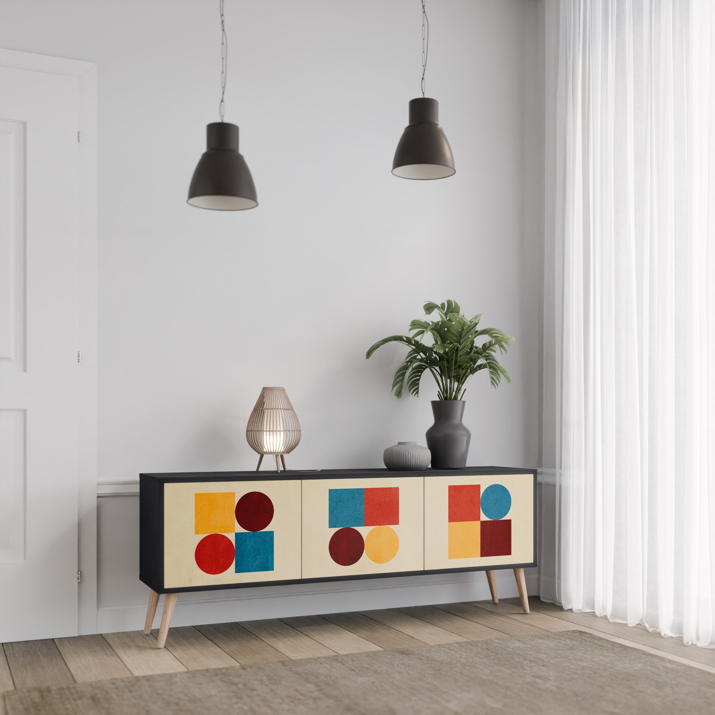 Mueble de TV de 3 puertas GEOMETRIC PUZZLE en acabado negro