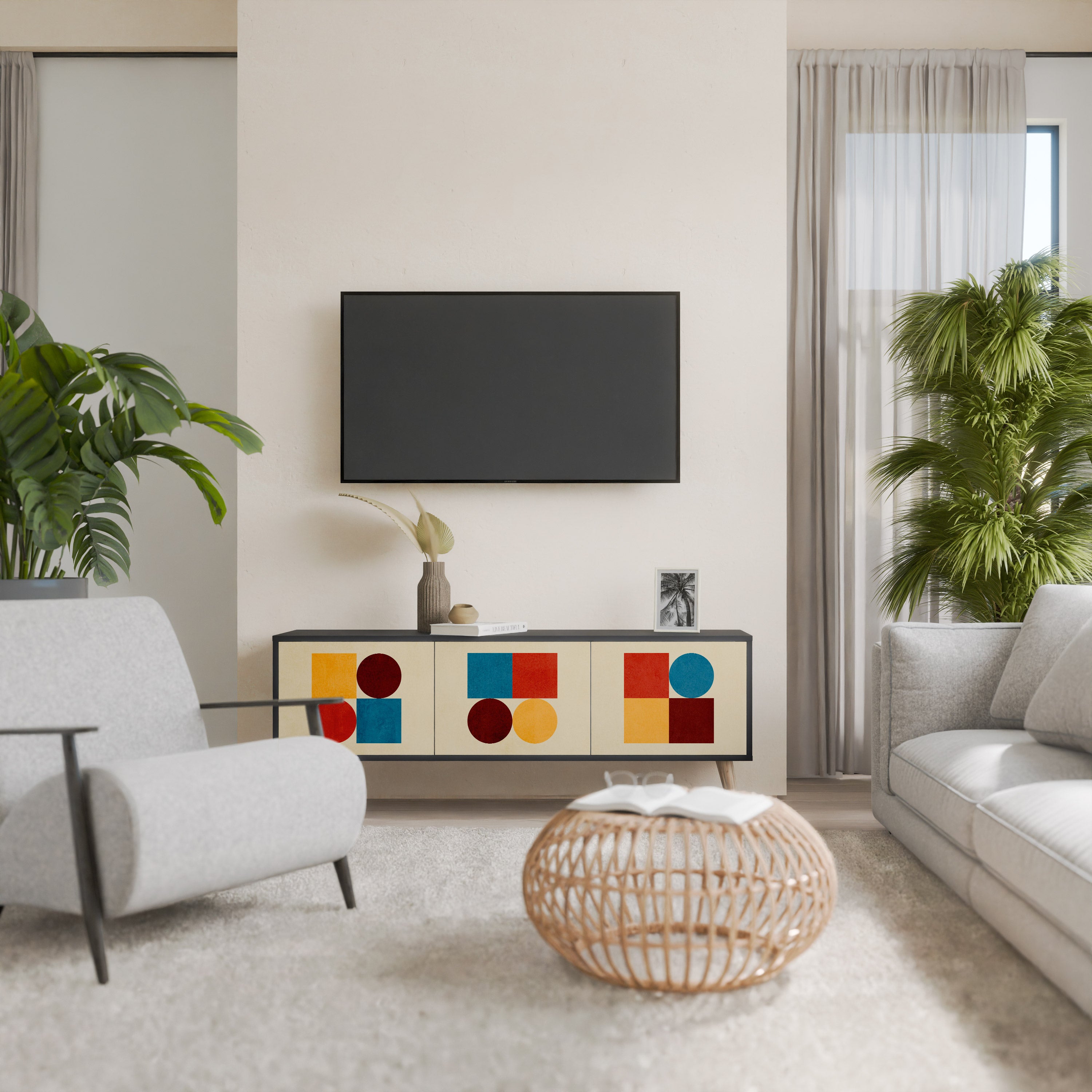 Mueble de TV de 3 puertas GEOMETRIC PUZZLE en acabado negro