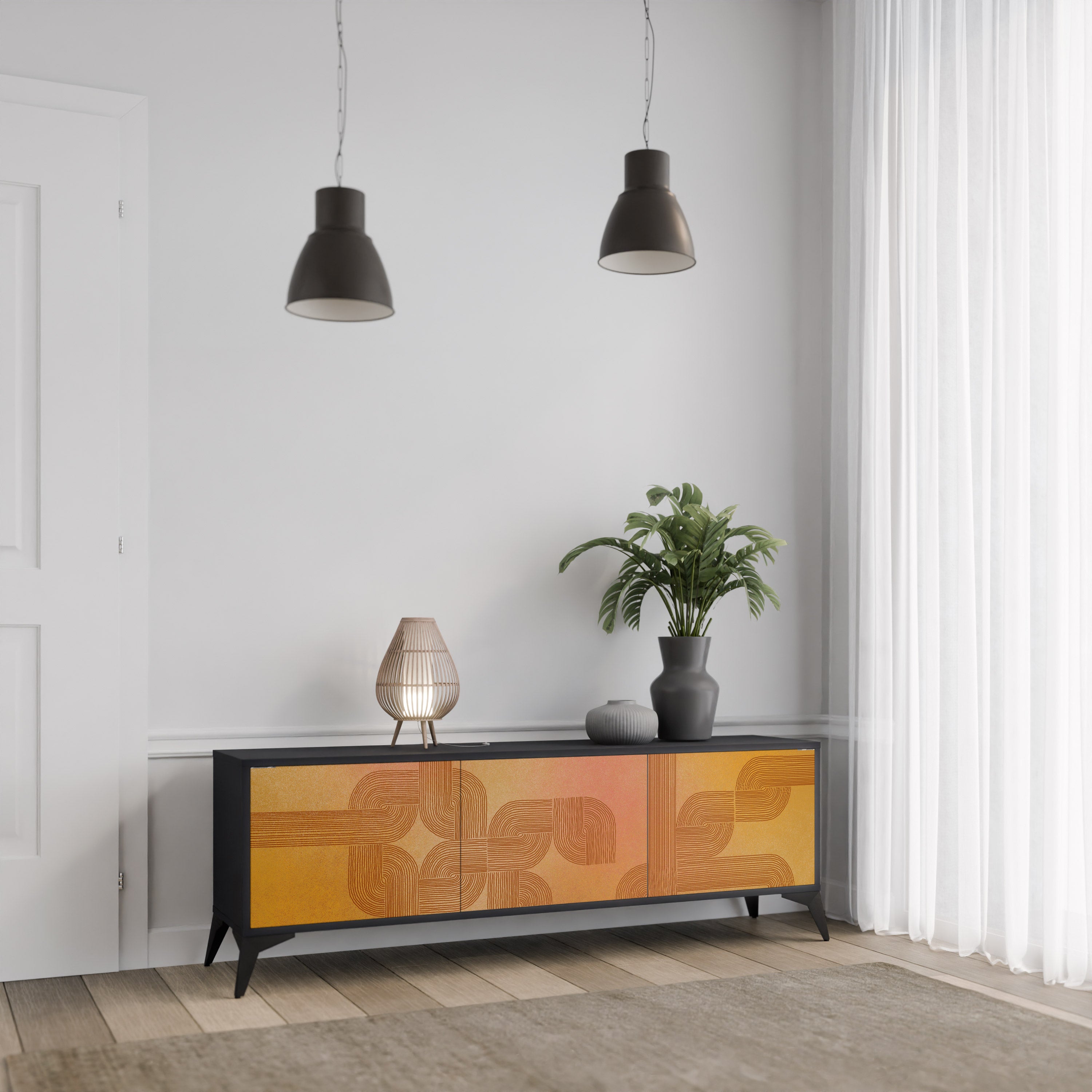 FORTALECIENDO LA RELACIÓN Mueble de TV de 3 puertas en acabado negro