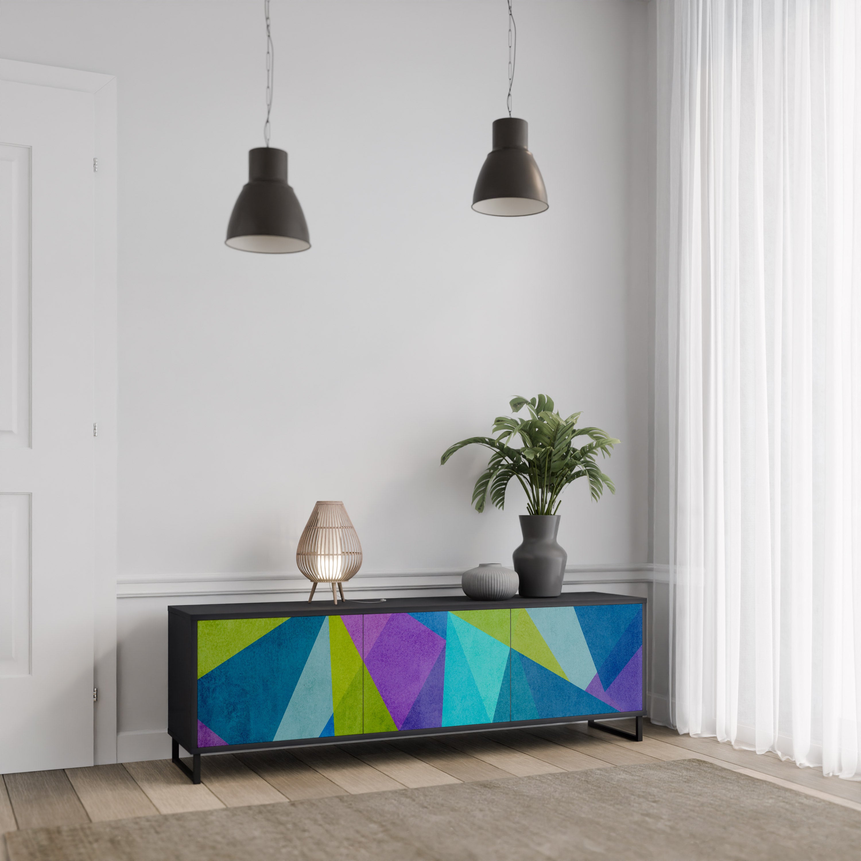 Mueble de TV COLD SHOWCASE de 3 puertas con acabado negro