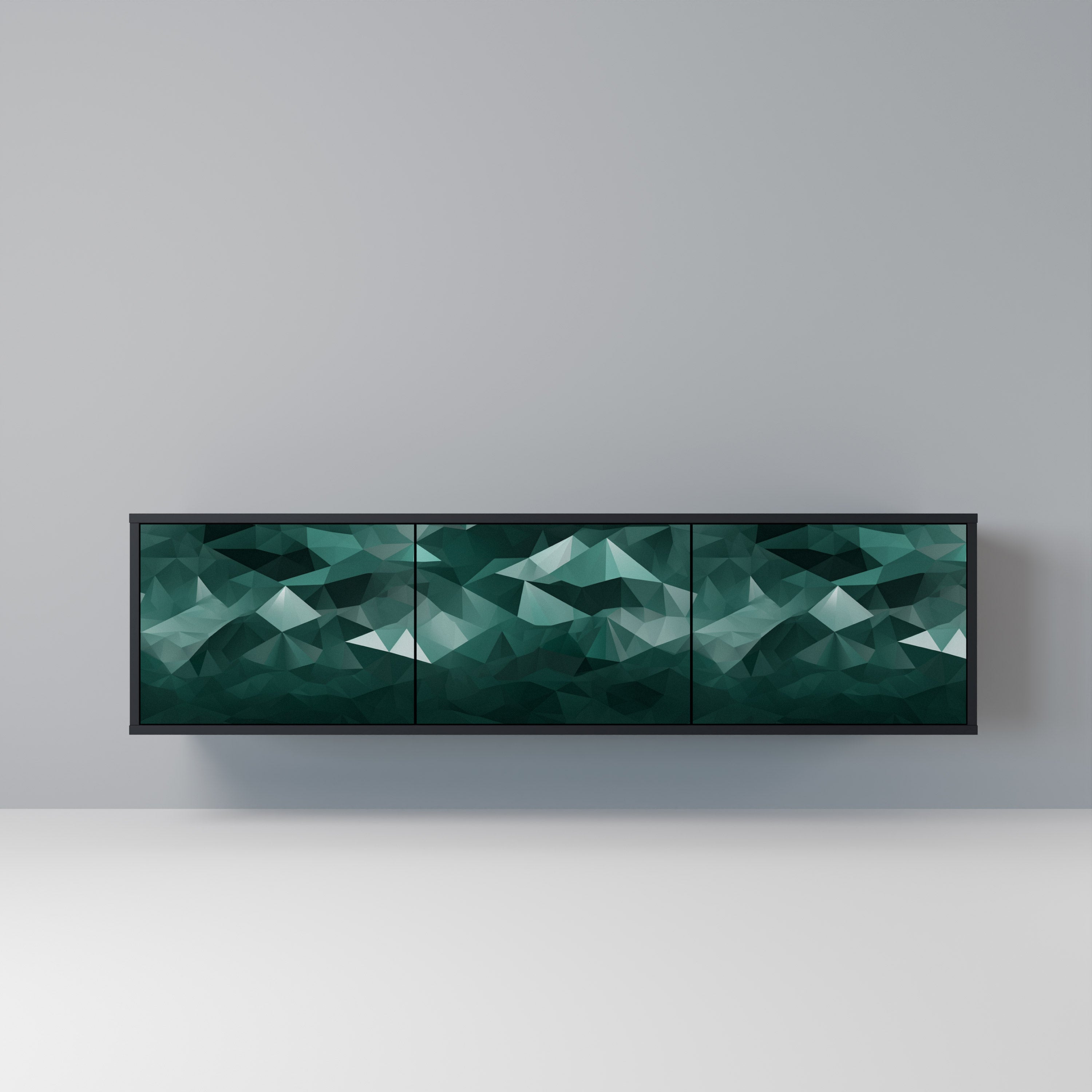 Mueble de TV flotante poligonal de 3 puertas en acabado negro