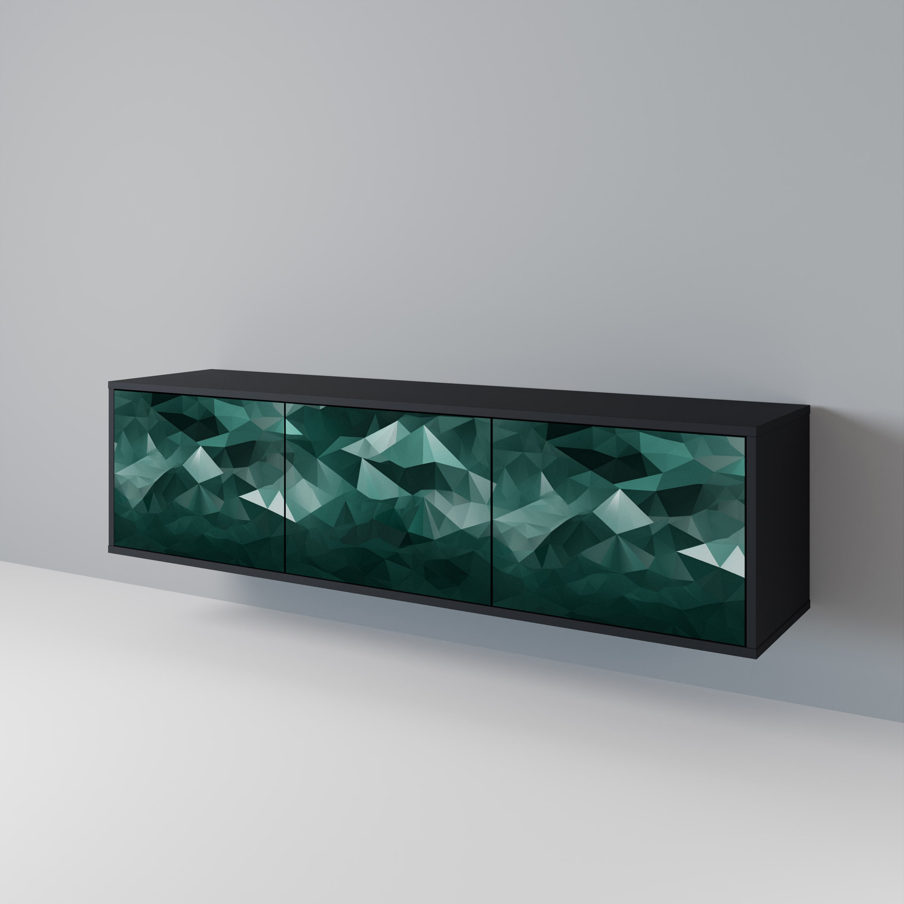 Mueble de TV flotante poligonal de 3 puertas en acabado negro