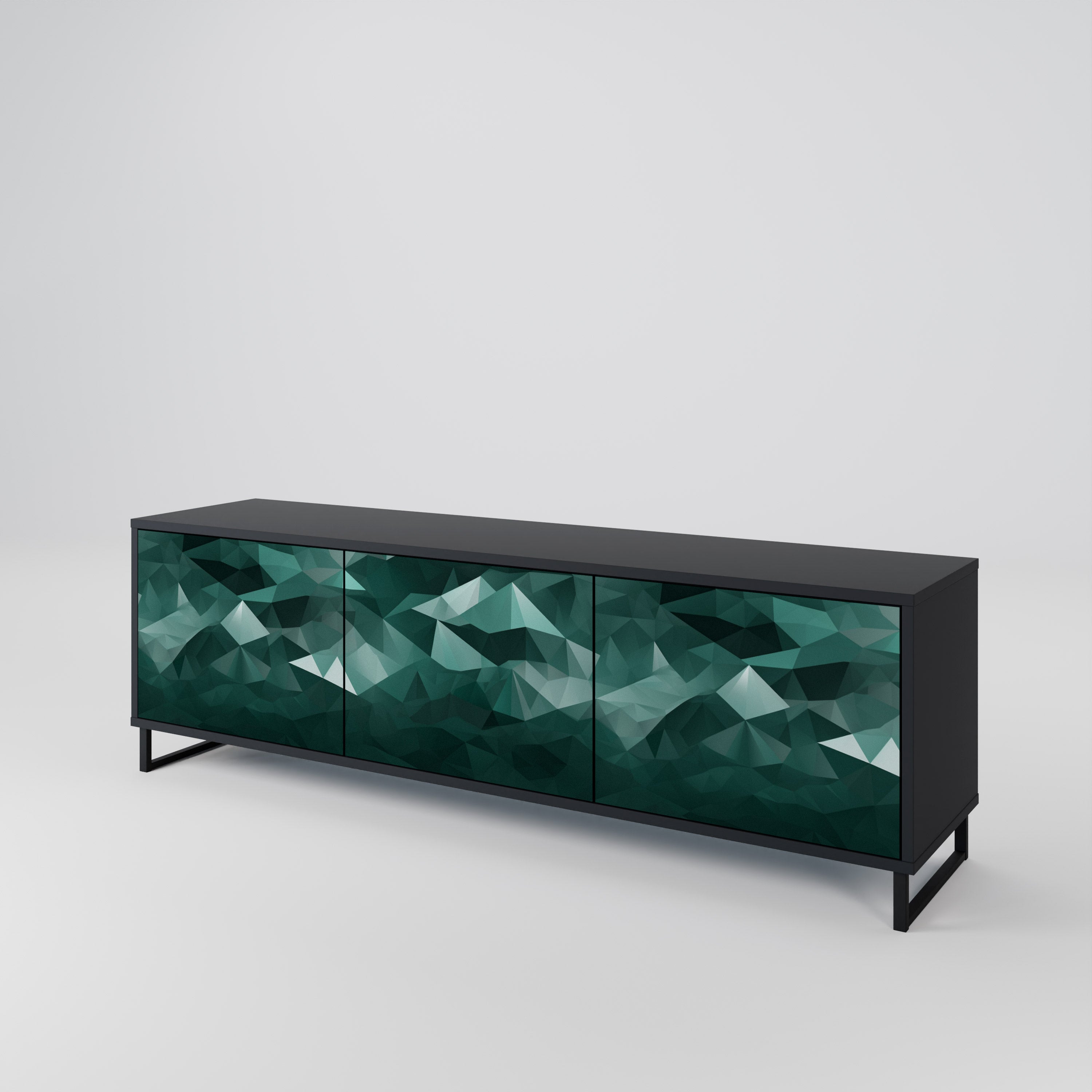 Mueble de TV flotante poligonal de 3 puertas en acabado negro