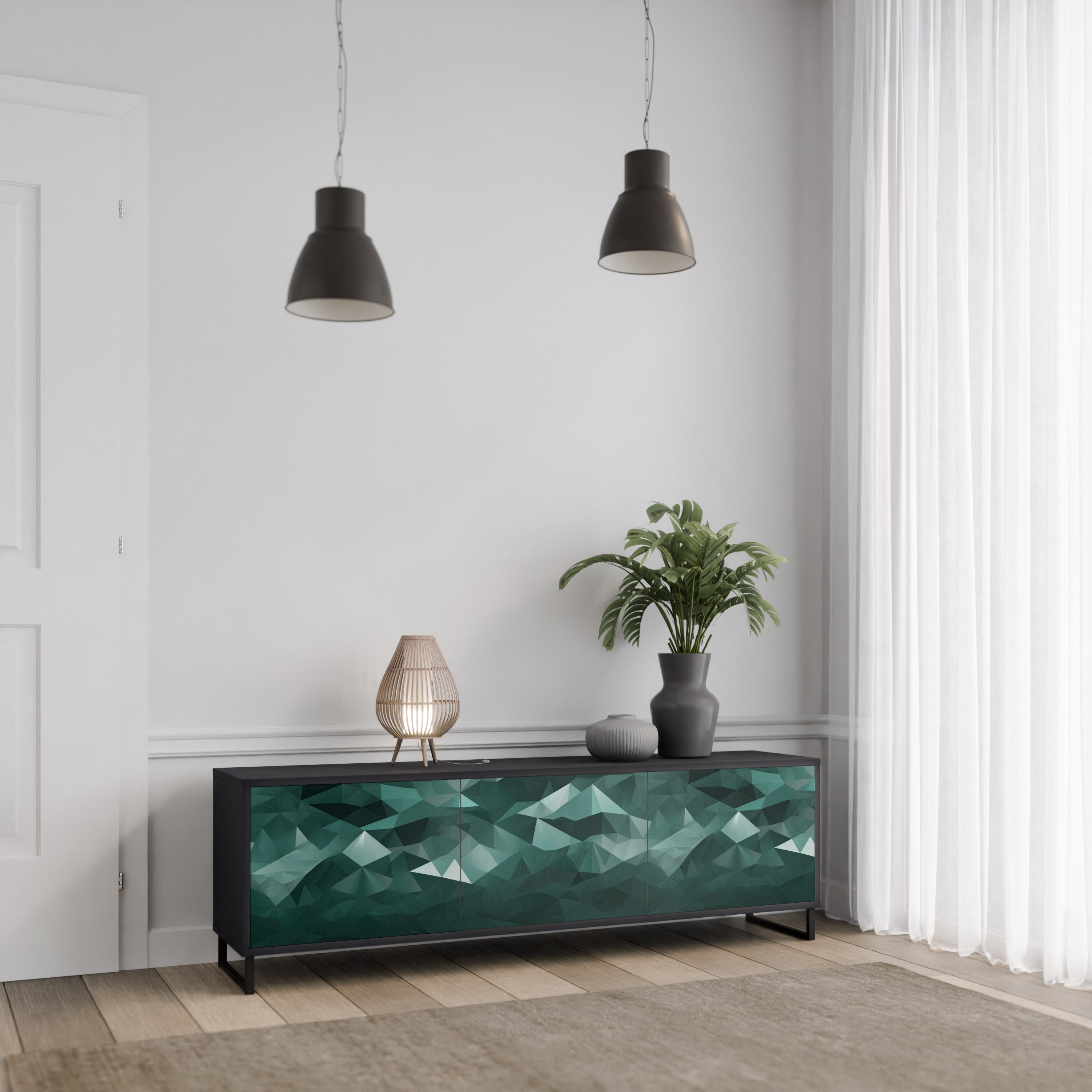 Mueble de TV flotante poligonal de 3 puertas en acabado negro