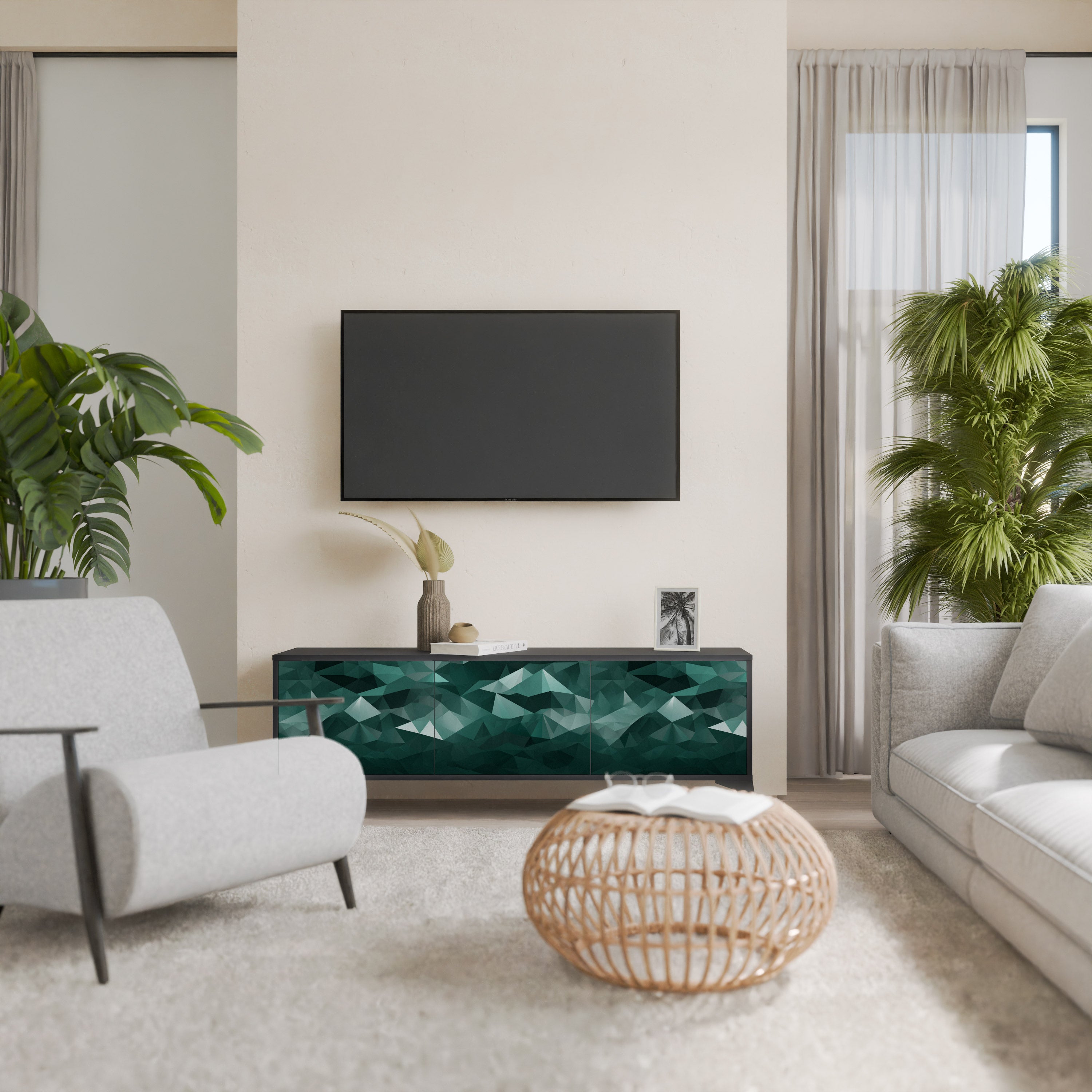 Mueble de TV flotante poligonal de 3 puertas en acabado negro