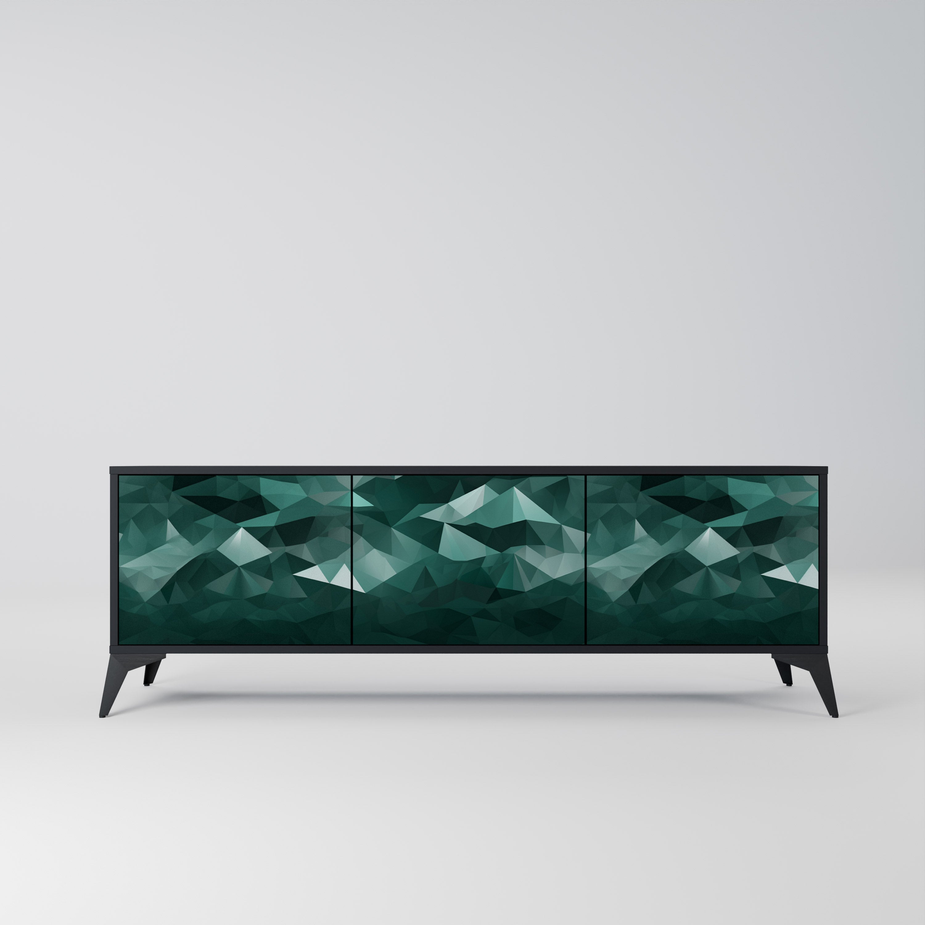 Mueble de TV flotante poligonal de 3 puertas en acabado negro