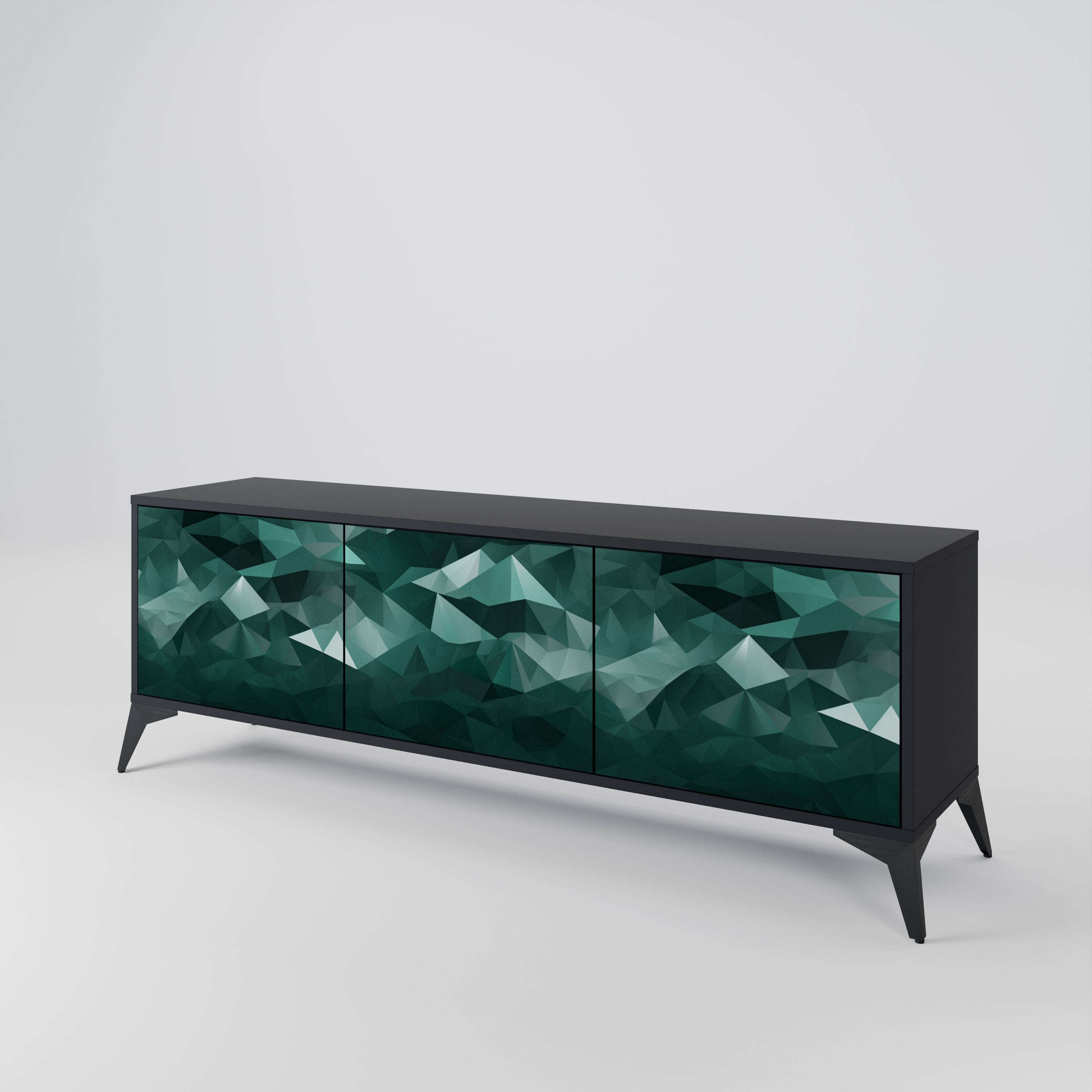 Mueble de TV flotante poligonal de 3 puertas en acabado negro