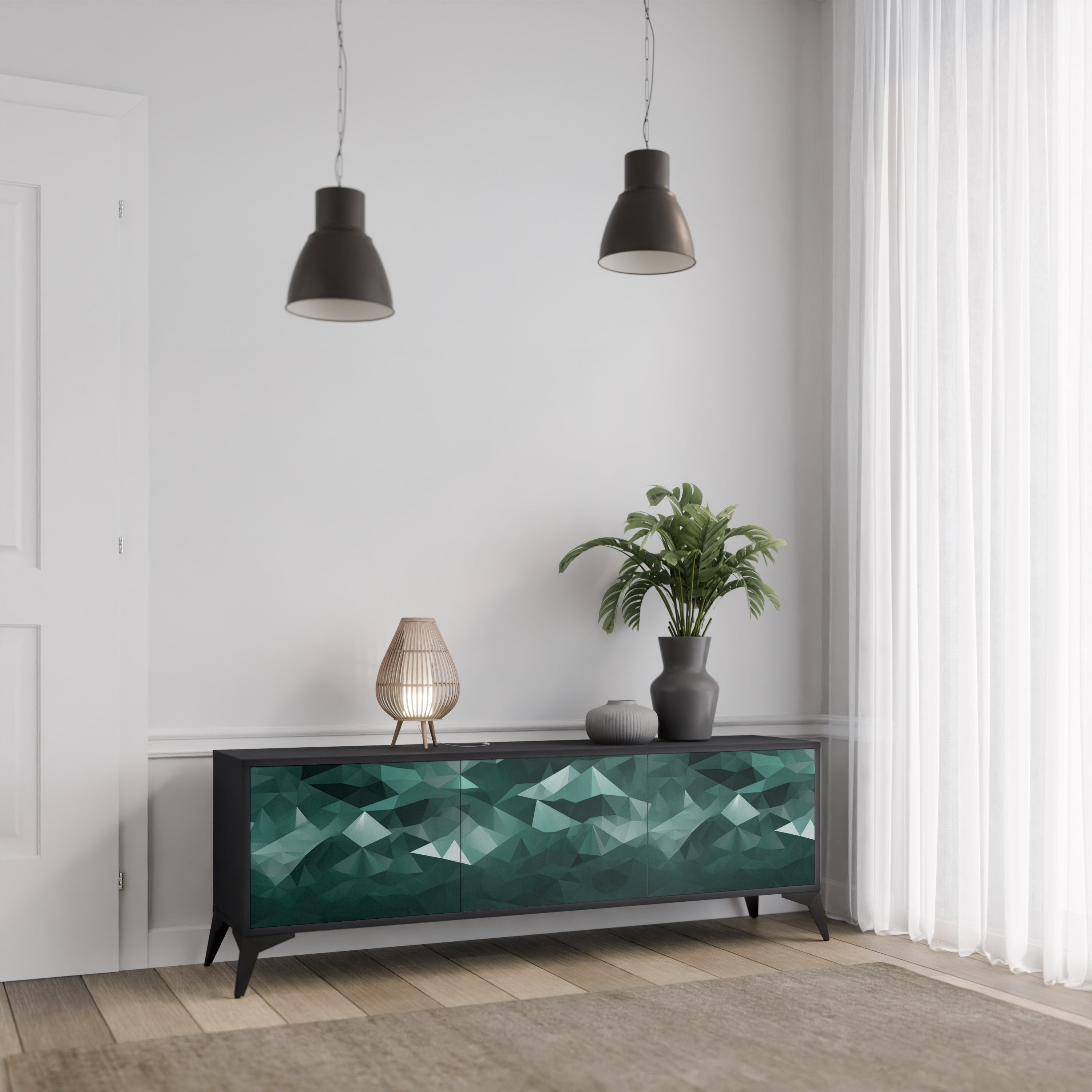 Mueble de TV flotante poligonal de 3 puertas en acabado negro