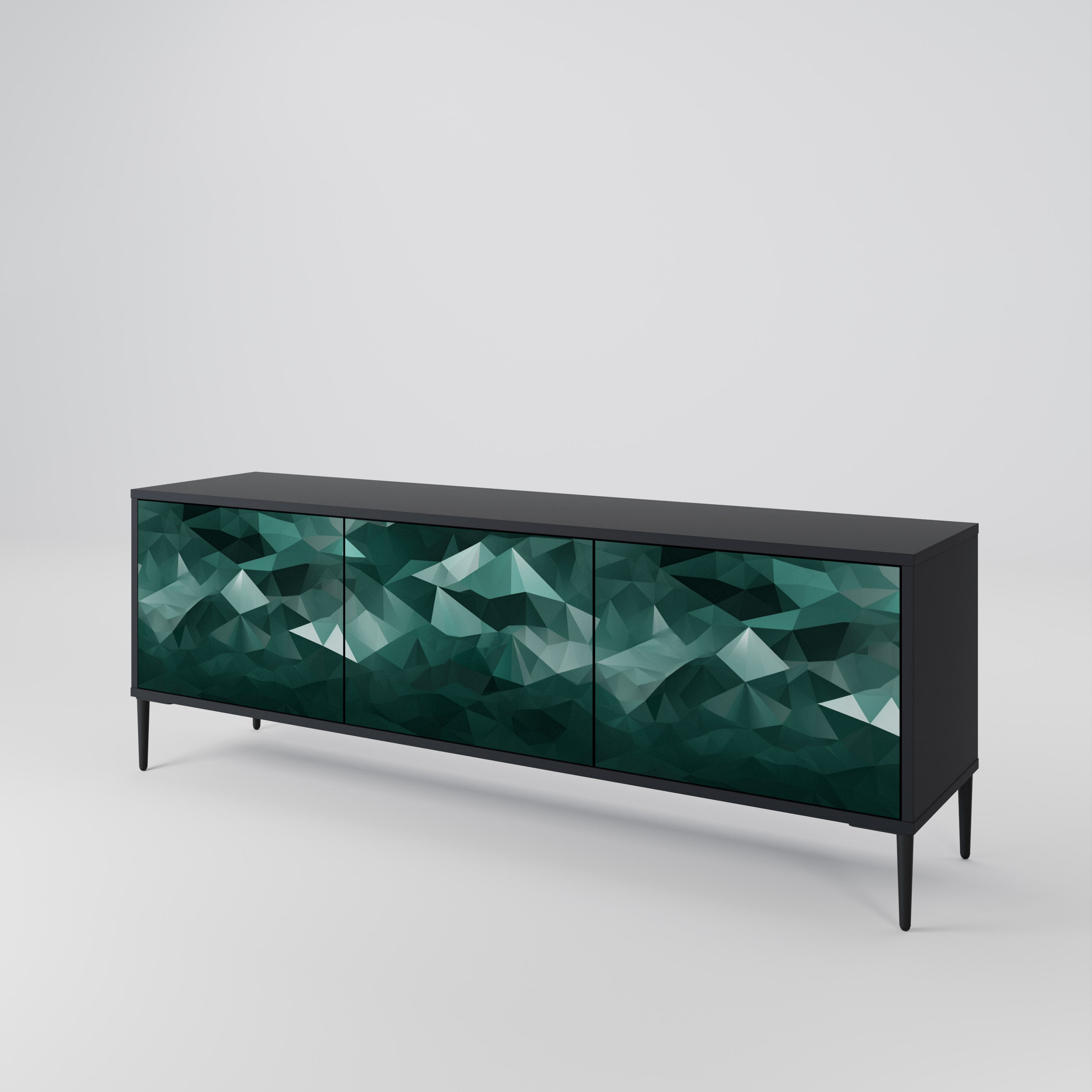 Mueble de TV flotante poligonal de 3 puertas en acabado negro