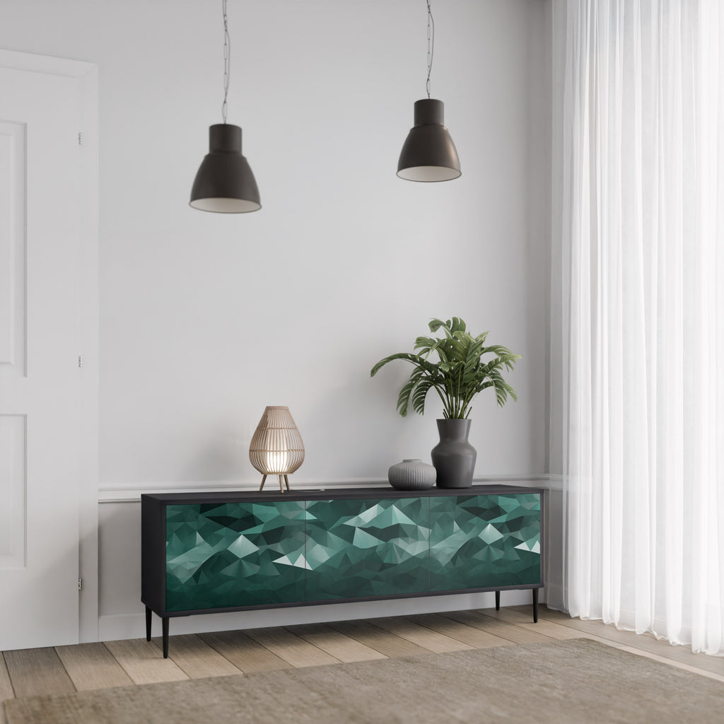 Mueble de TV flotante poligonal de 3 puertas en acabado negro
