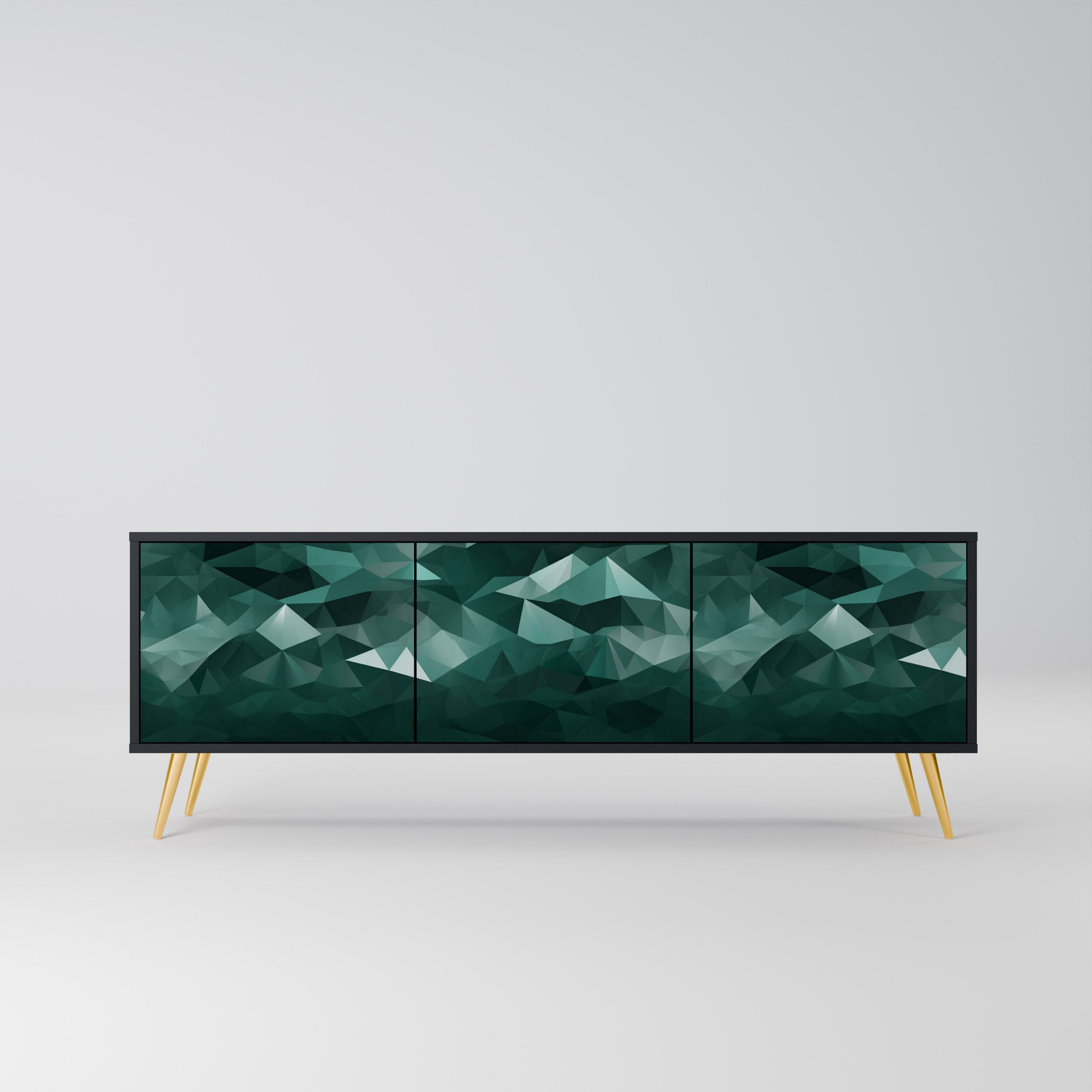 Mueble de TV flotante poligonal de 3 puertas en acabado negro