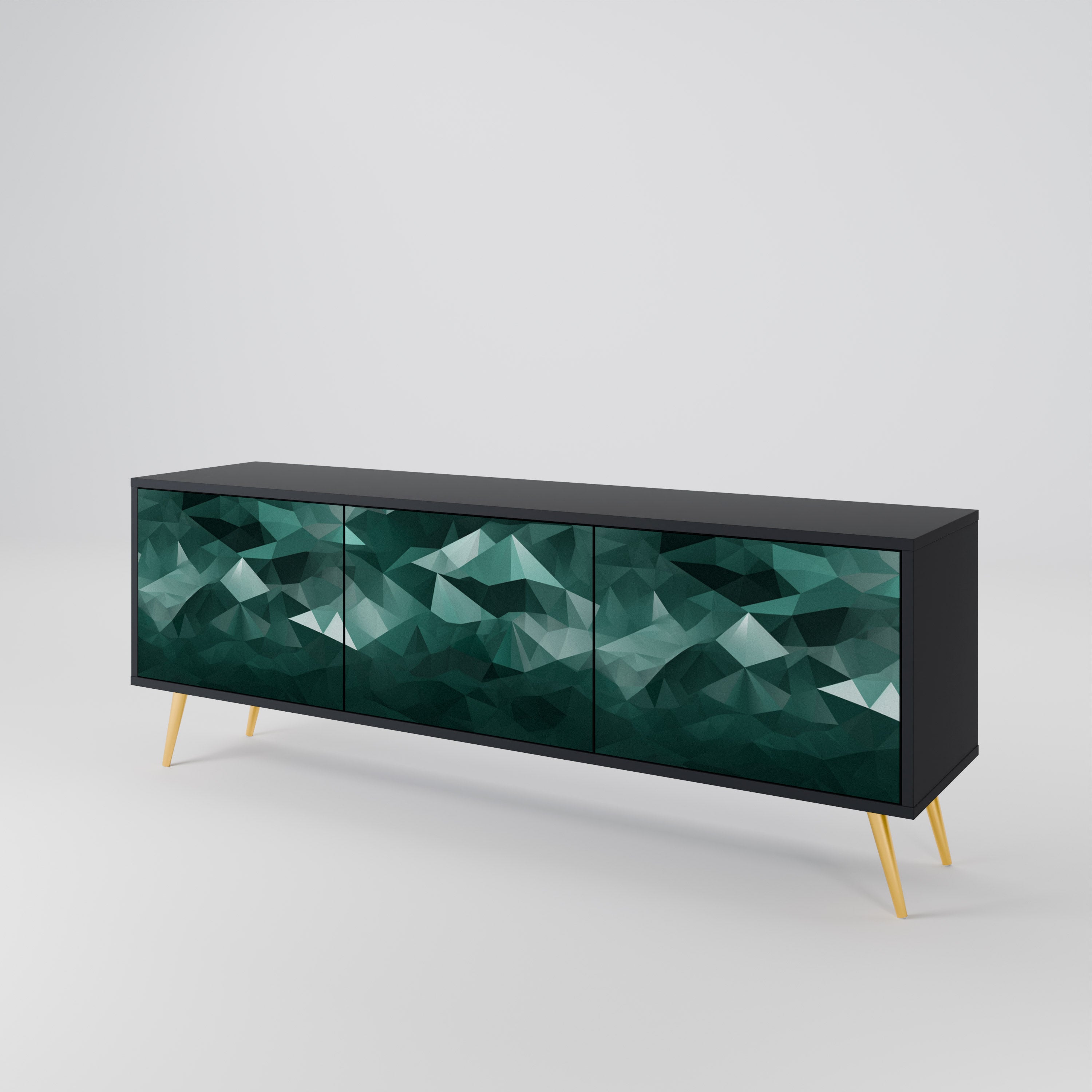 Mueble de TV flotante poligonal de 3 puertas en acabado negro