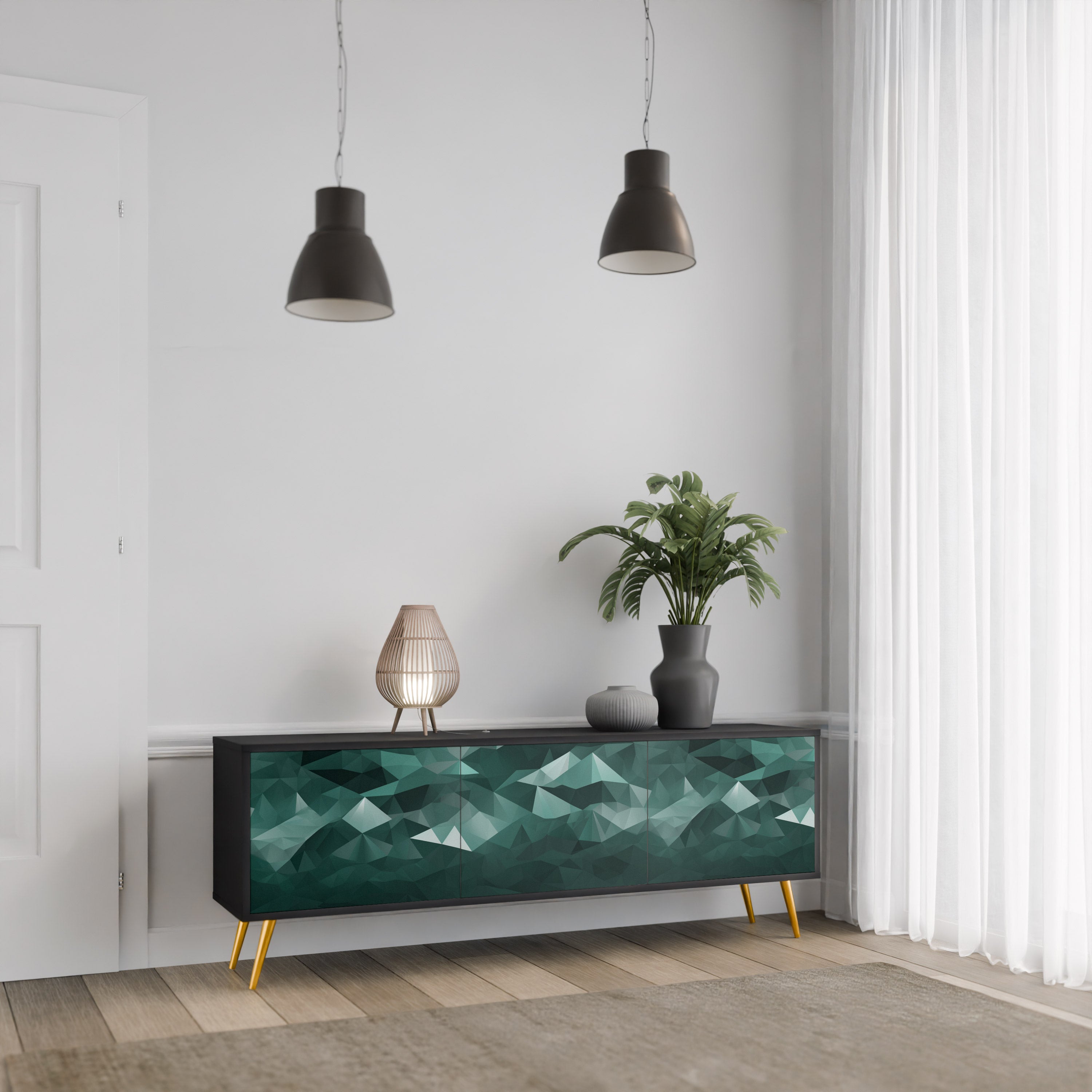 Mueble de TV flotante poligonal de 3 puertas en acabado negro