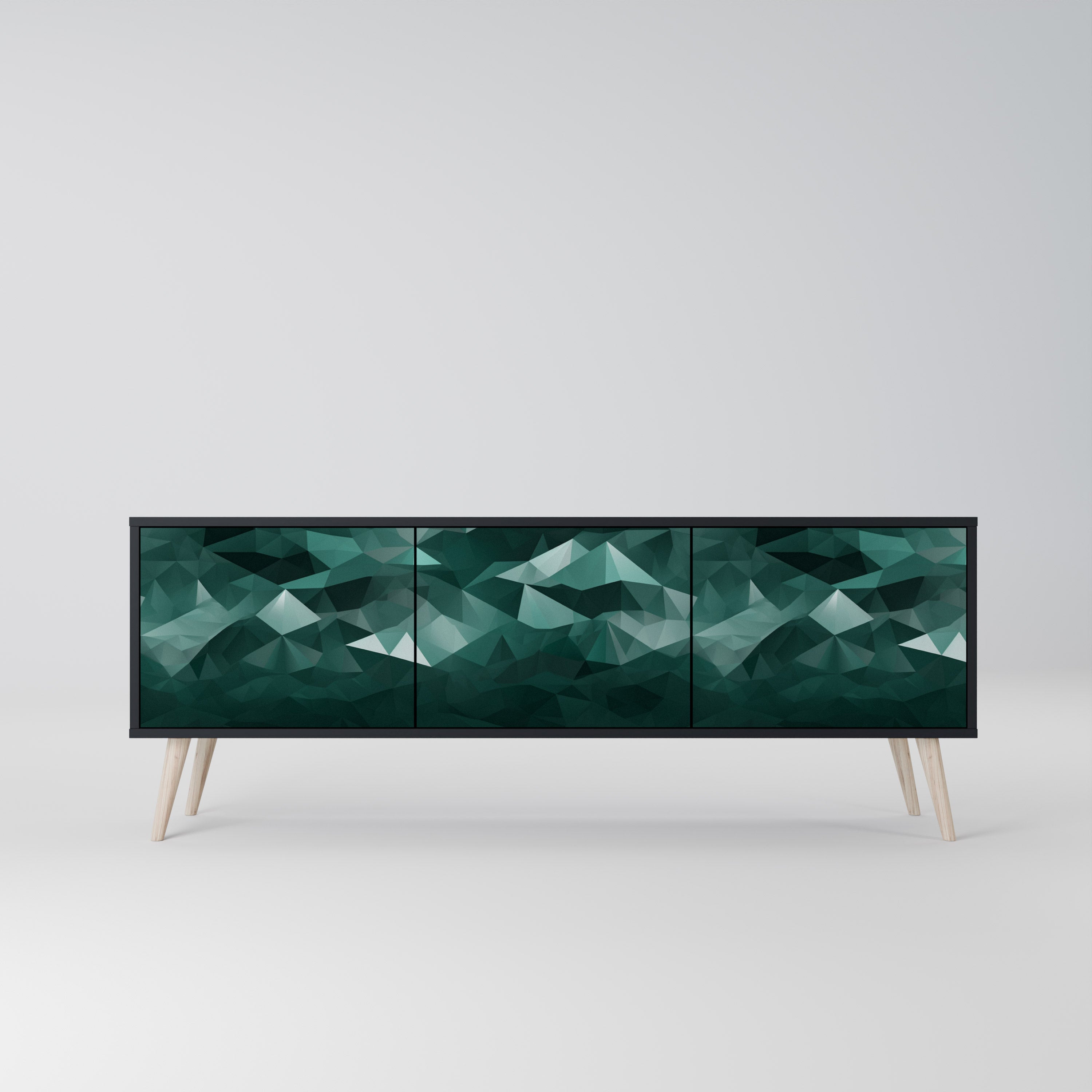 Mueble de TV flotante poligonal de 3 puertas en acabado negro