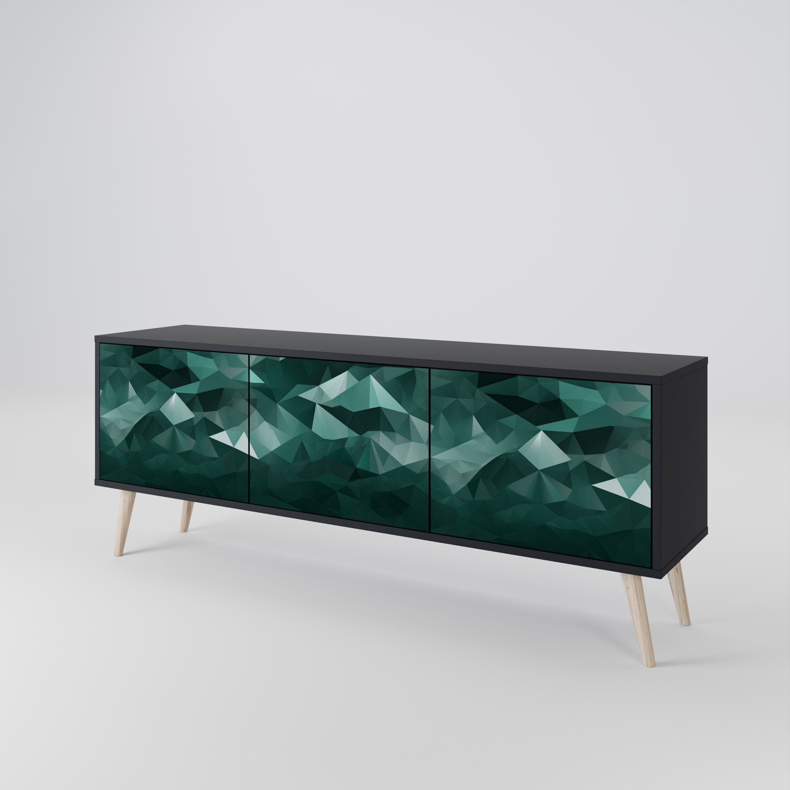 Mueble de TV flotante poligonal de 3 puertas en acabado negro