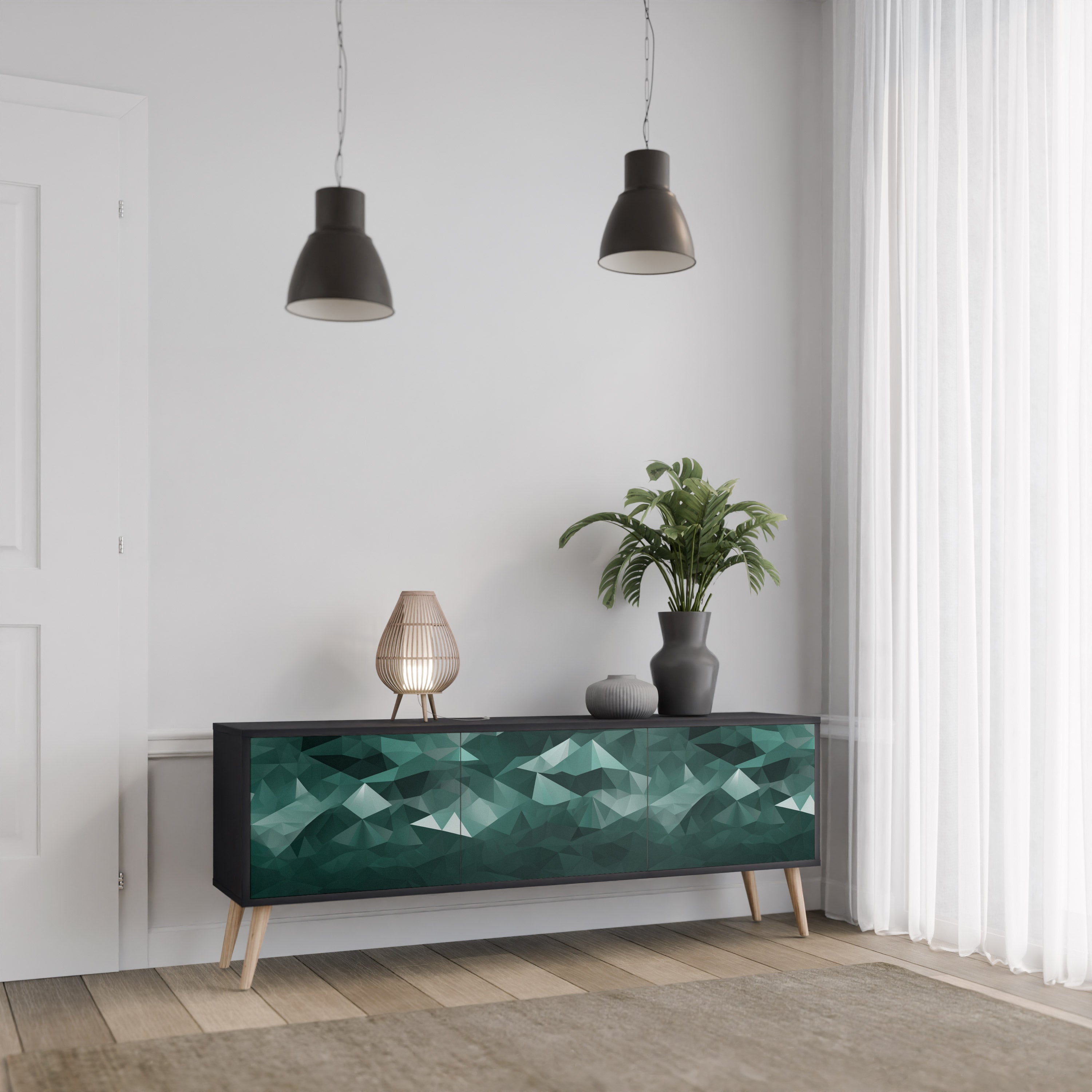 Mueble de TV flotante poligonal de 3 puertas en acabado negro