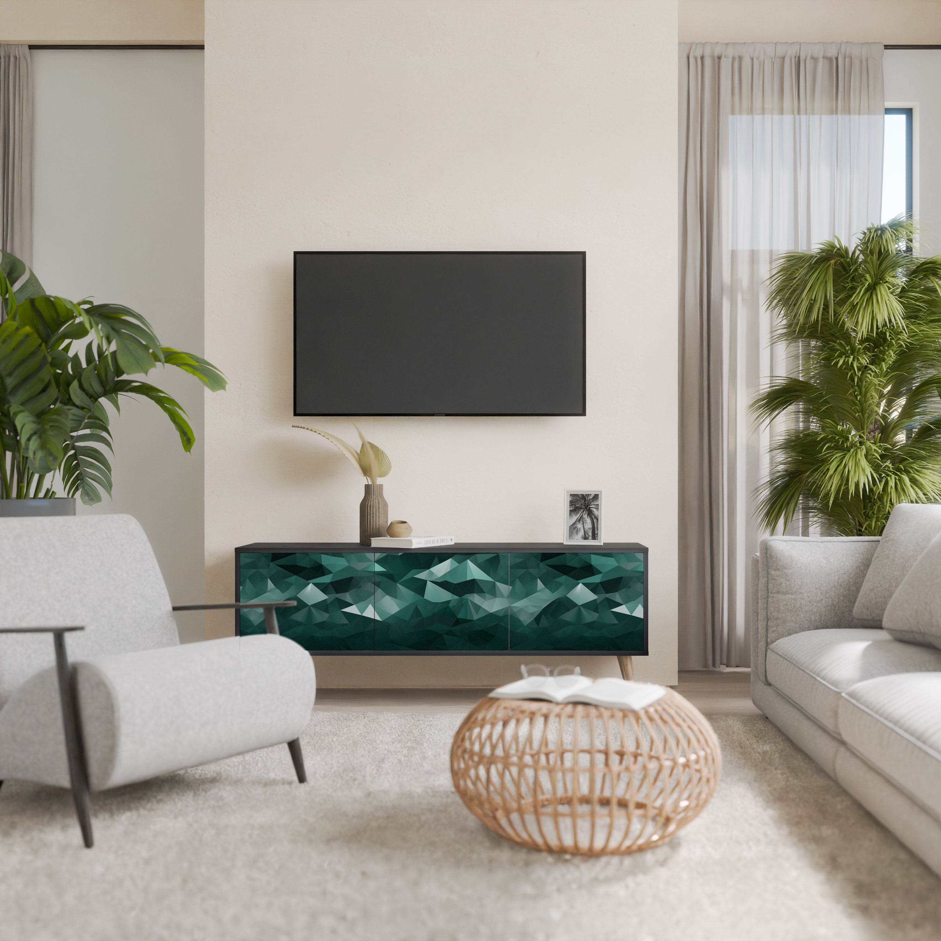 Mueble de TV flotante poligonal de 3 puertas en acabado negro