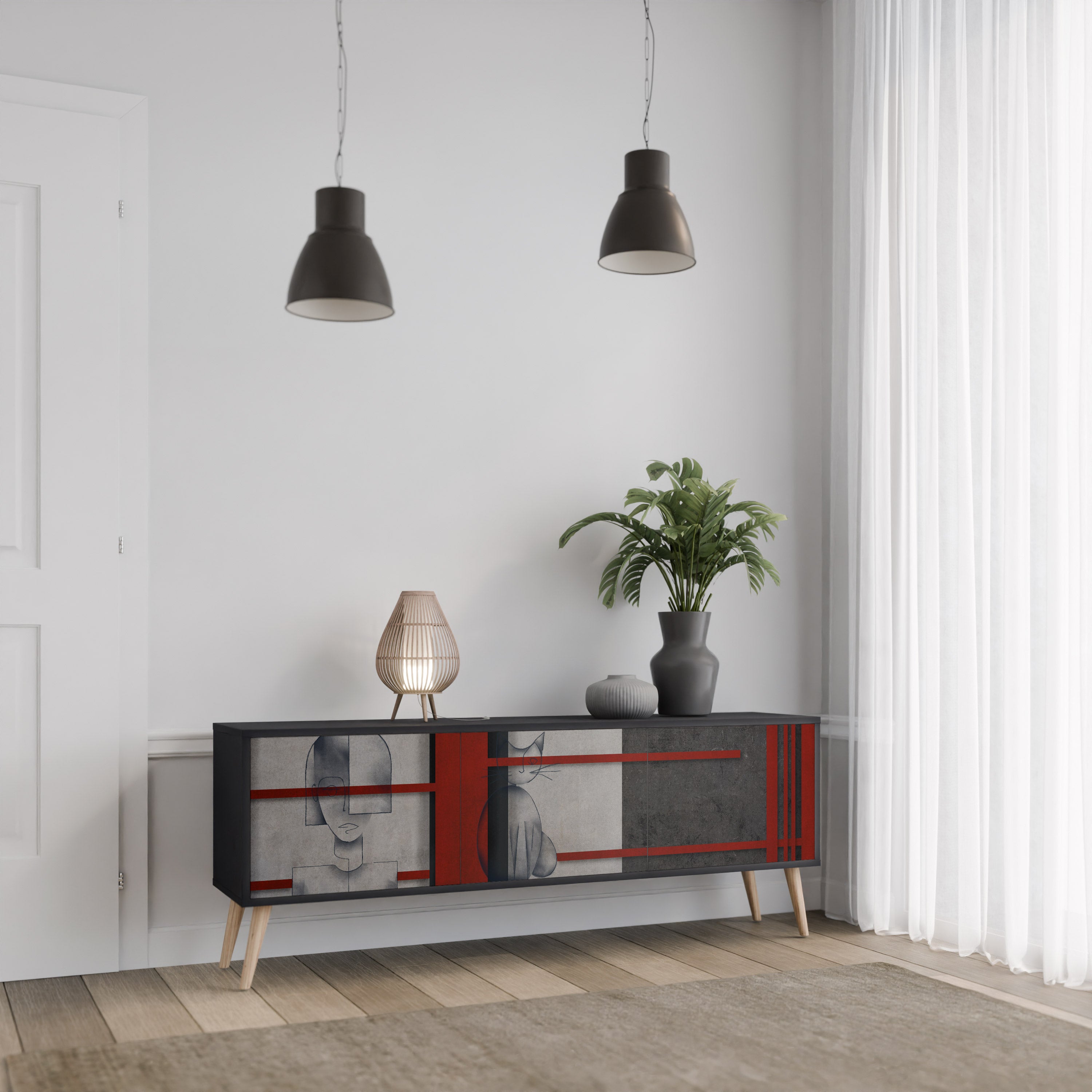 Mueble de TV de 3 puertas GRAY FIGURES en acabado negro