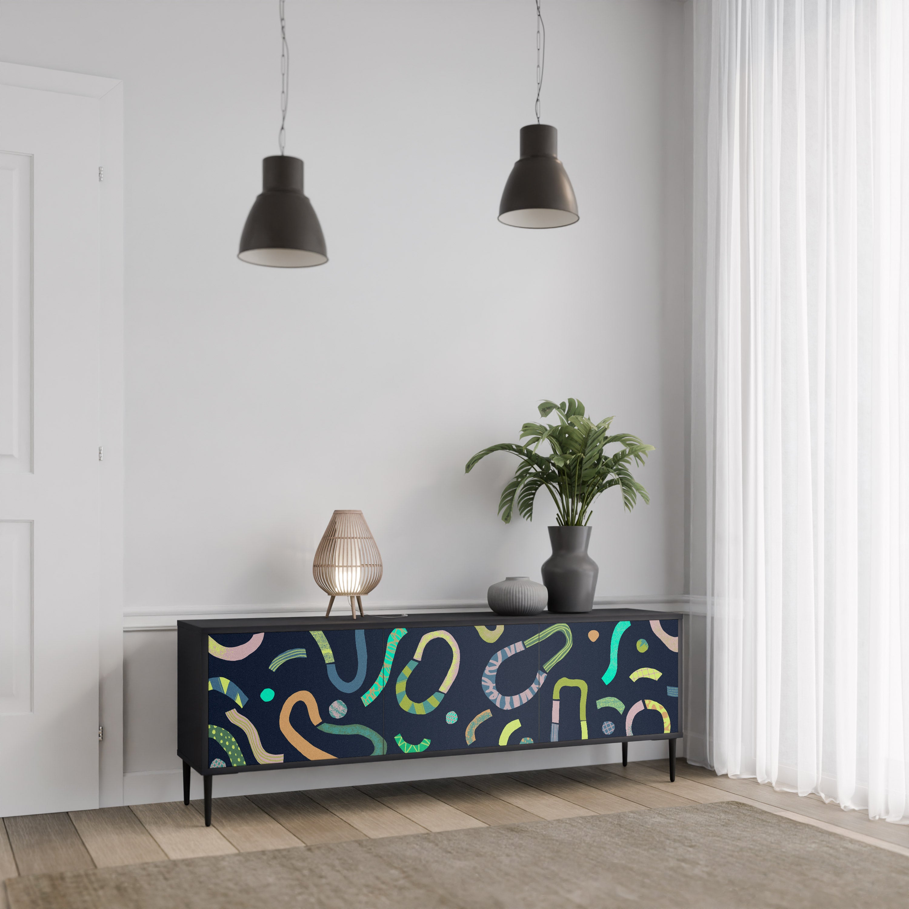 Mueble de TV de 3 puertas CONTRAST DANCE con acabado negro