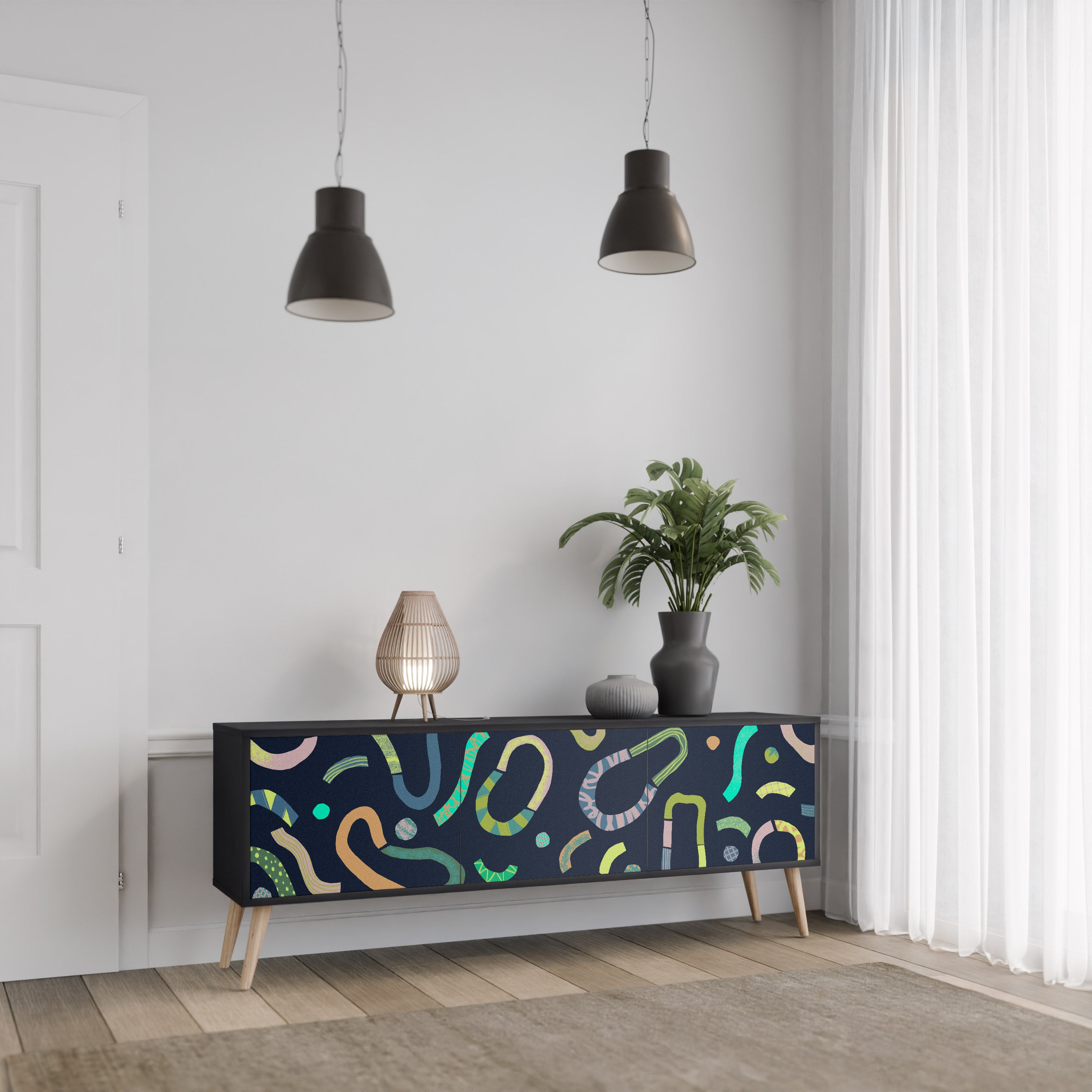 Mueble de TV de 3 puertas CONTRAST DANCE con acabado negro
