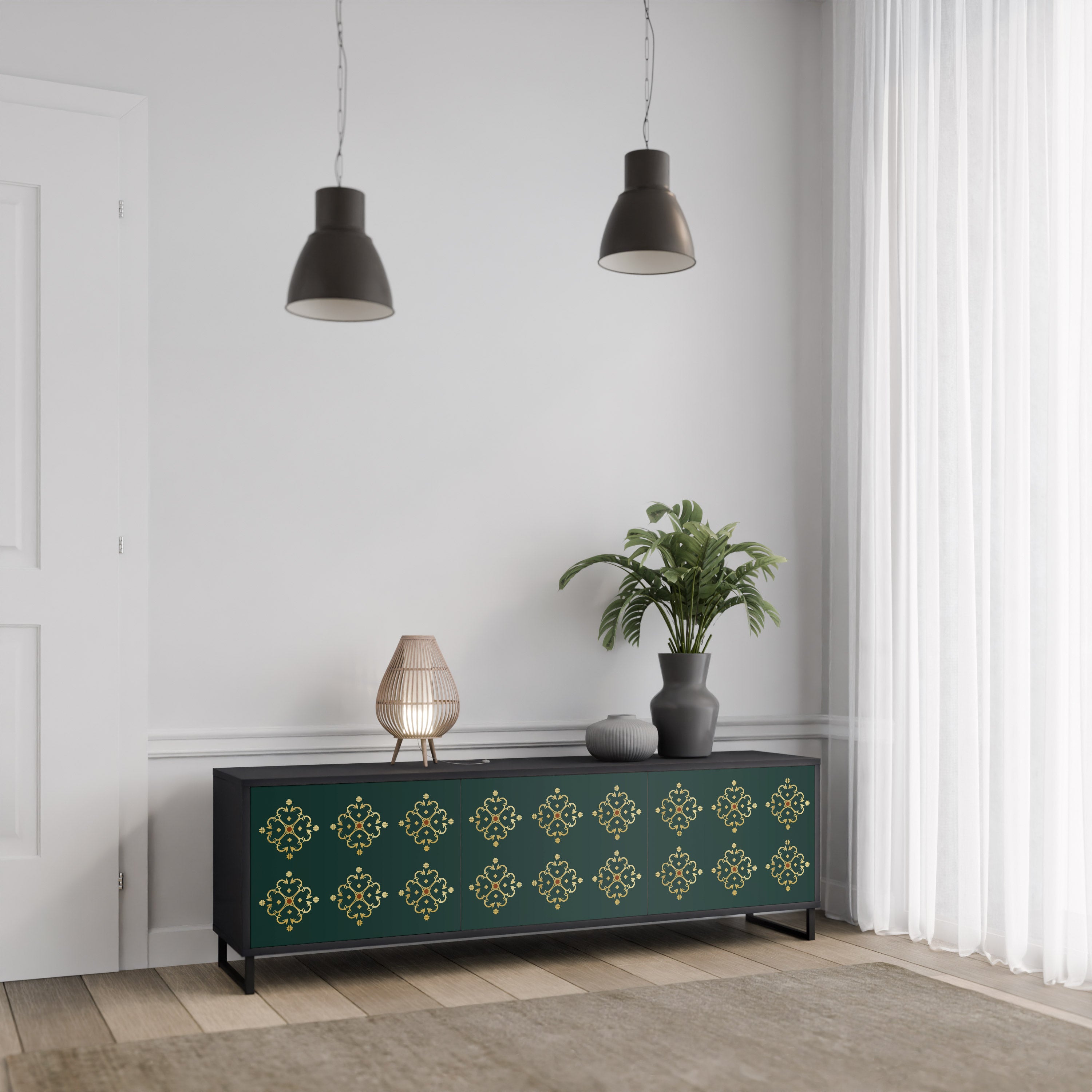 Mueble de TV de 3 puertas ROYAL MEDALLION con acabado negro