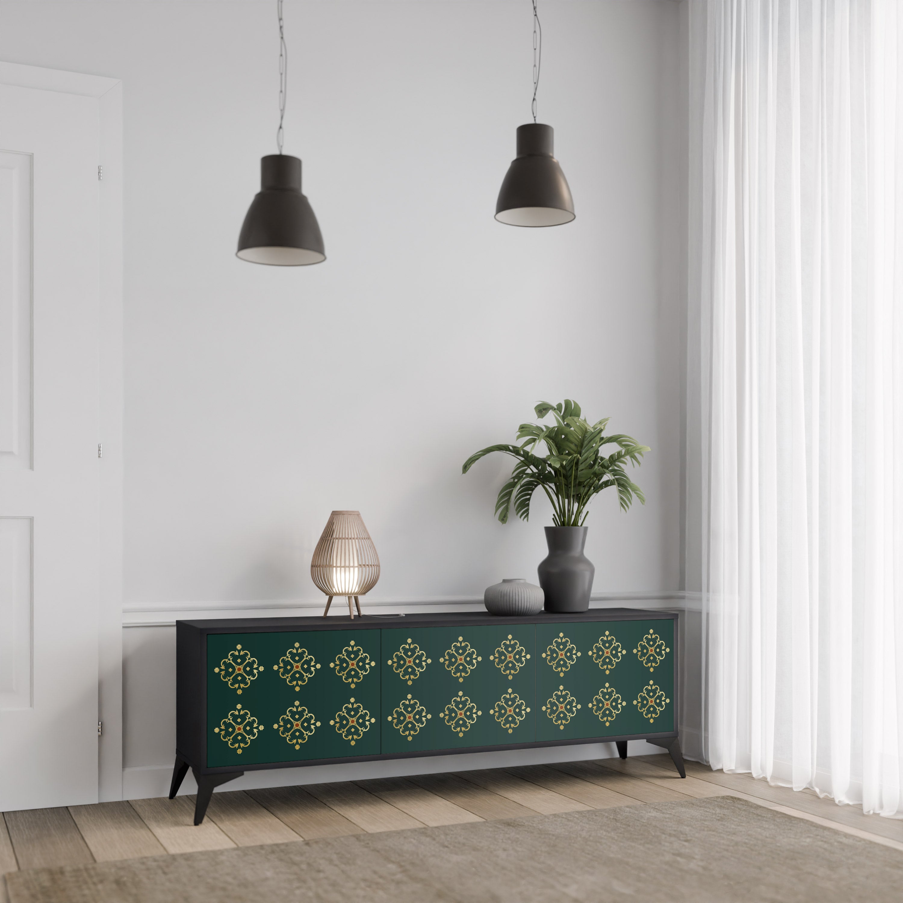 Mueble de TV de 3 puertas ROYAL MEDALLION con acabado negro