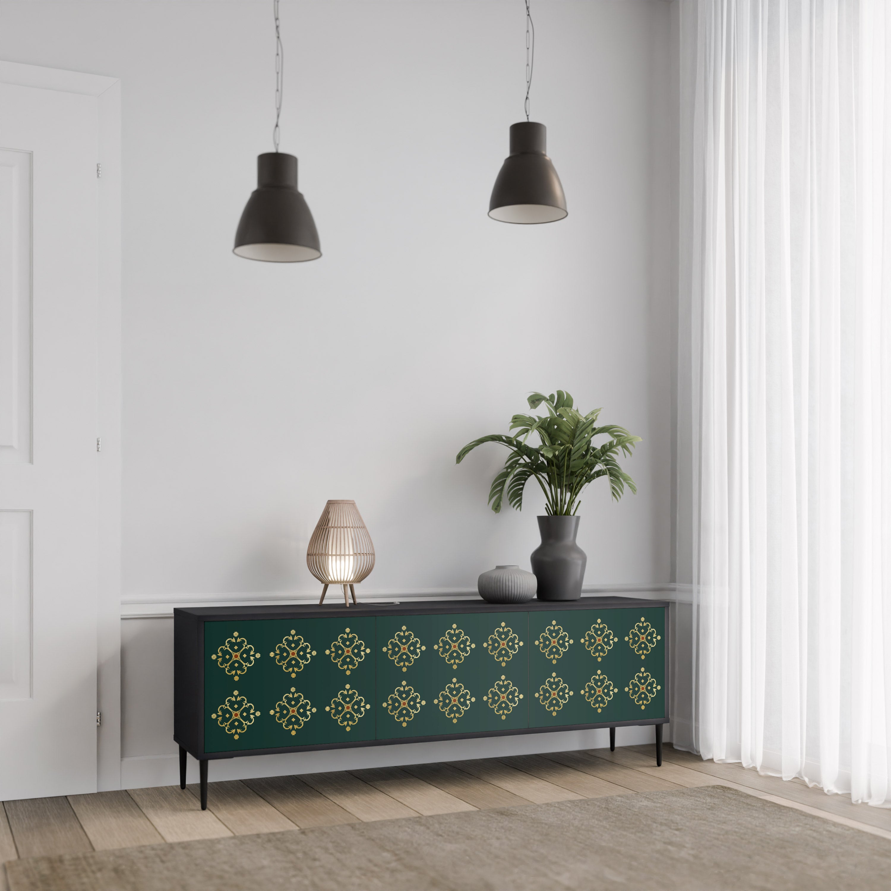 Mueble de TV de 3 puertas ROYAL MEDALLION con acabado negro