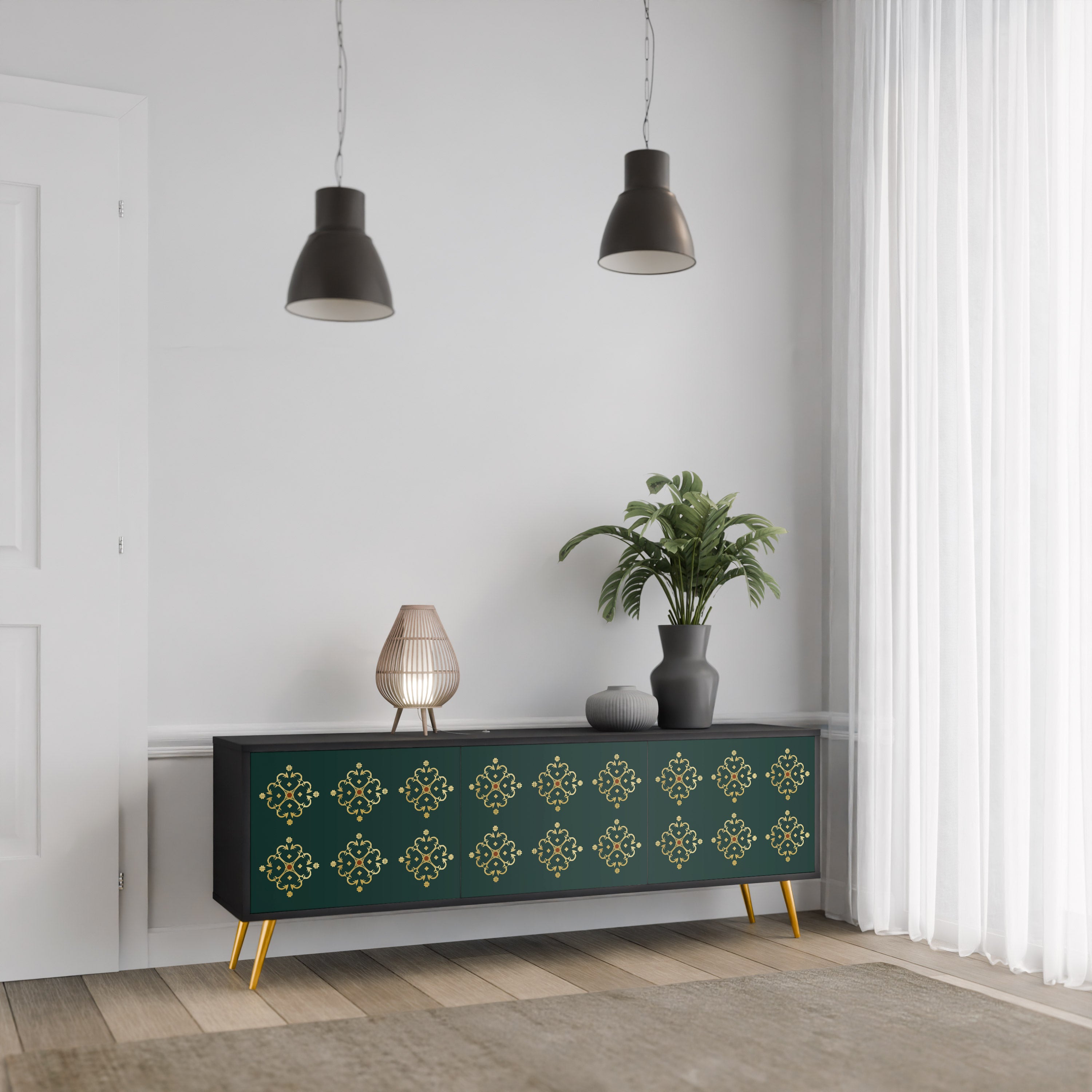 Mueble de TV de 3 puertas ROYAL MEDALLION con acabado negro