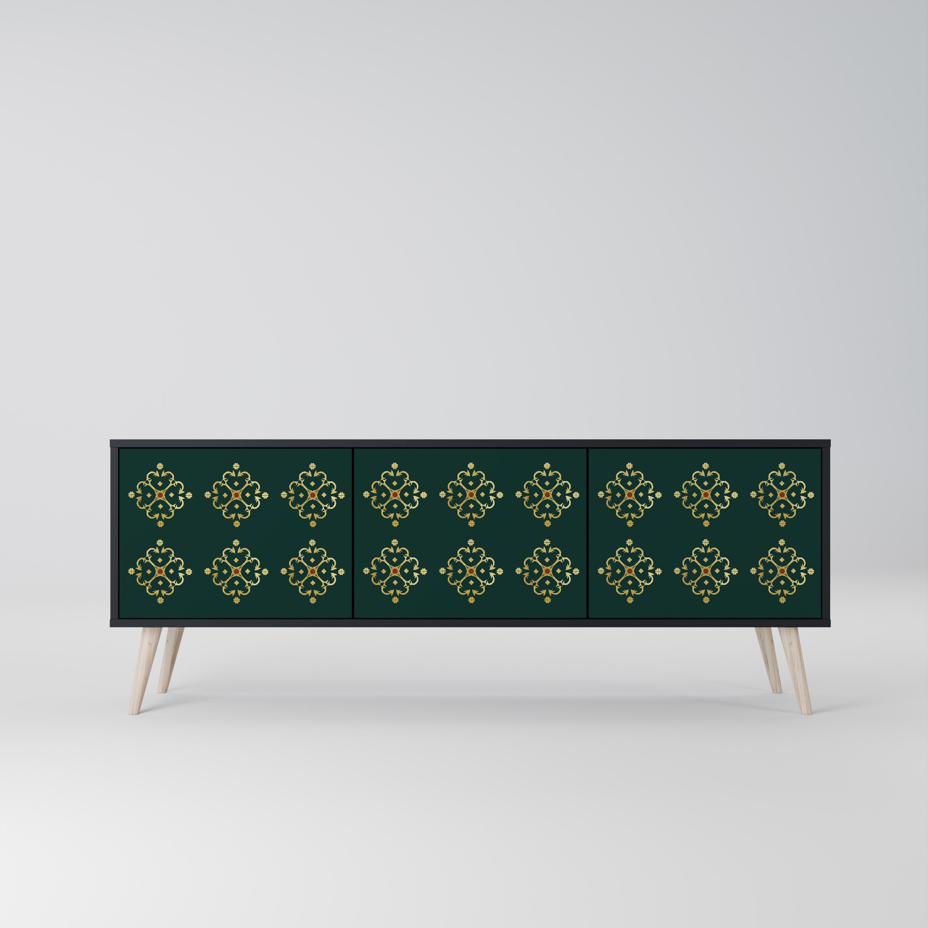 Mueble de TV de 3 puertas ROYAL MEDALLION con acabado negro