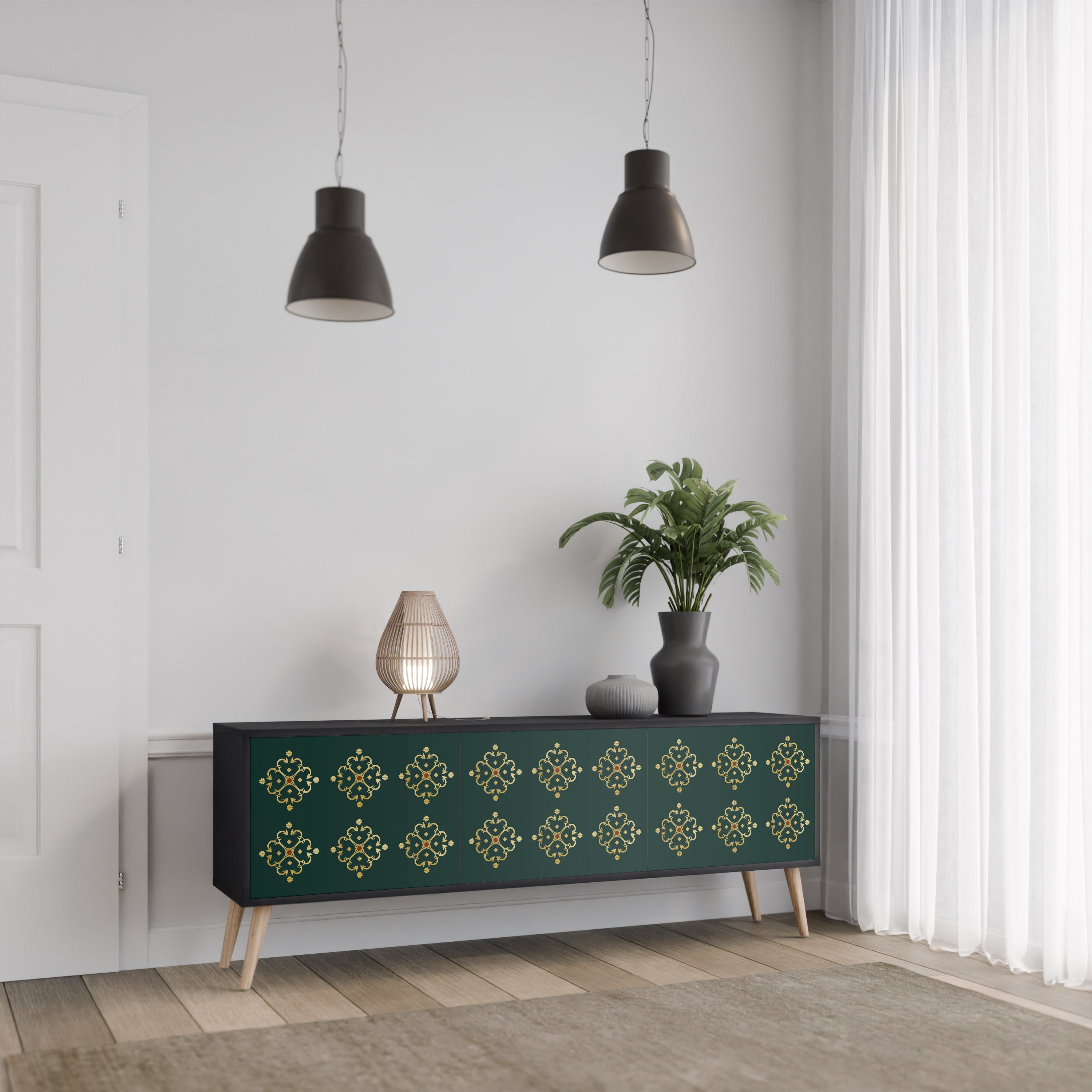 Mueble de TV de 3 puertas ROYAL MEDALLION con acabado negro