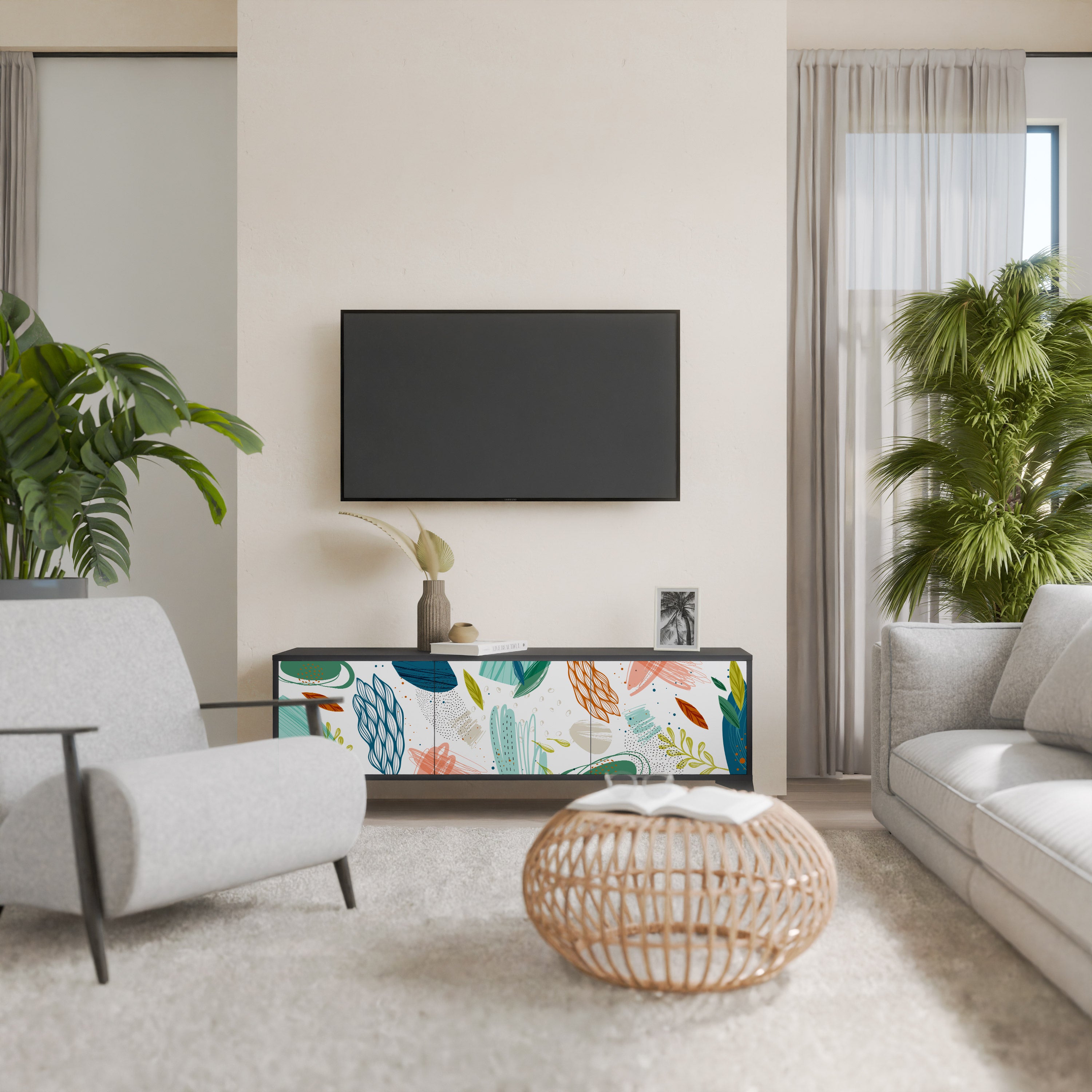 Mueble de TV de 3 puertas BOTANICAL HURRICANE con acabado negro