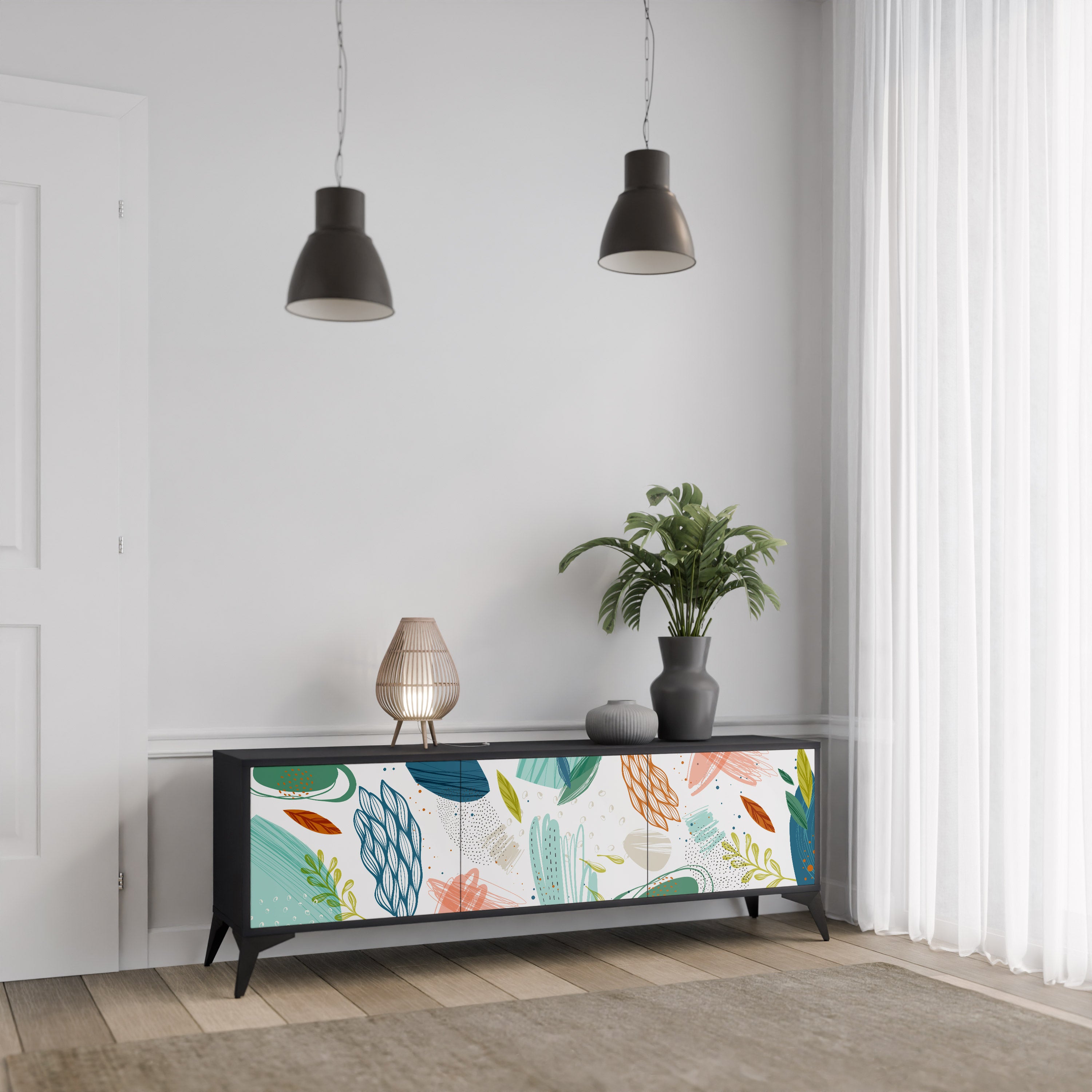 Mueble de TV de 3 puertas BOTANICAL HURRICANE con acabado negro