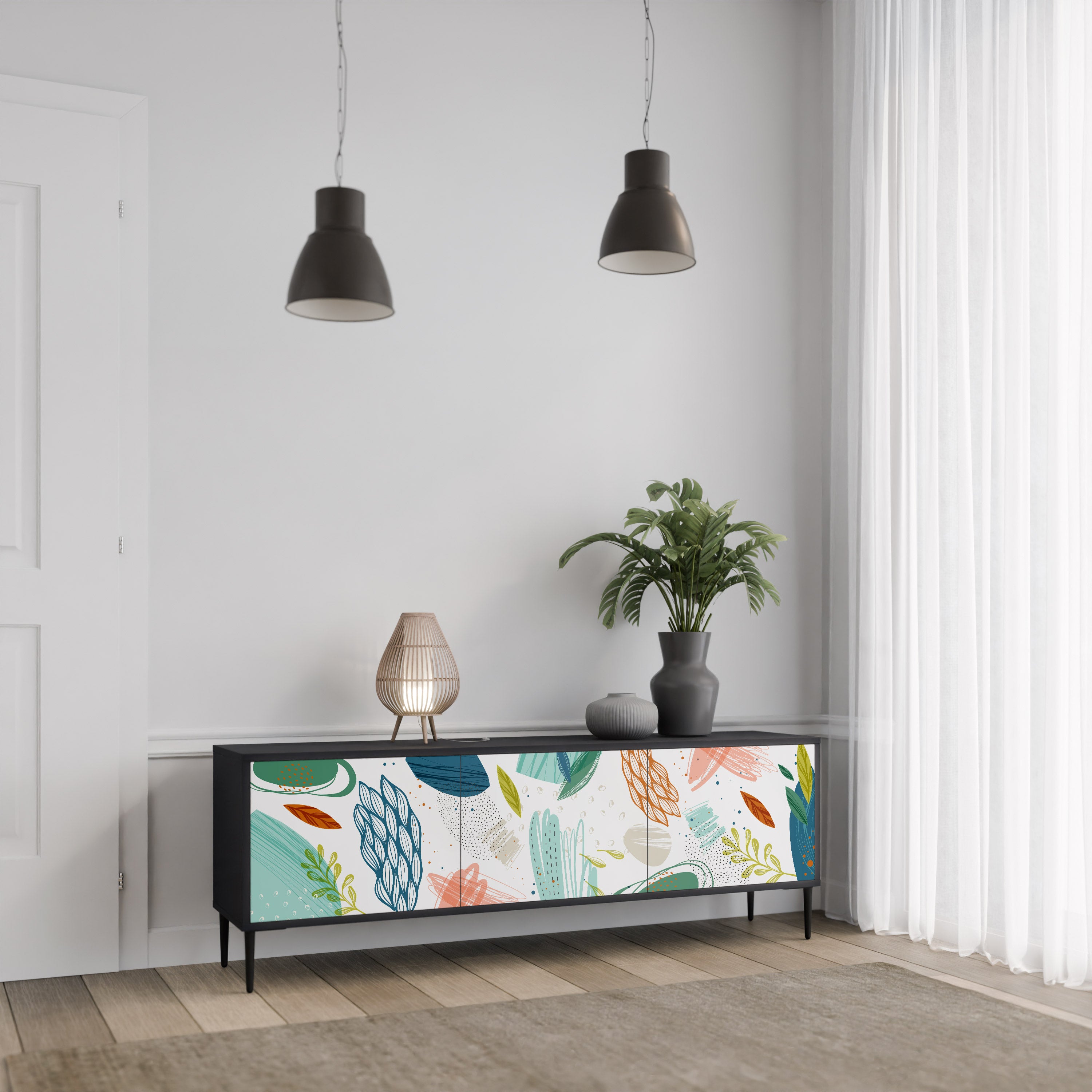 Mueble de TV de 3 puertas BOTANICAL HURRICANE con acabado negro
